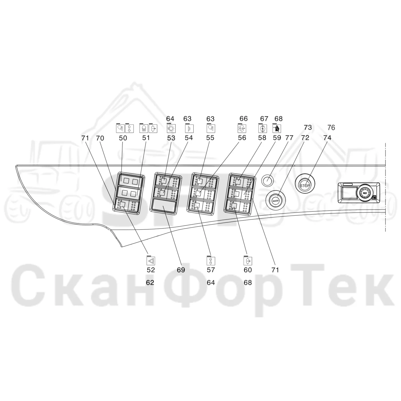 Схема: Komatsu / Лесозаготовительные машины / 901TX / Каталог запасных частей / Кабина / Салон / Приборная панель