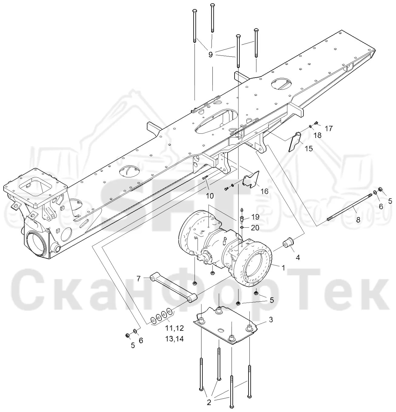 Схема: Komatsu / Форвардер / 855 / Каталог запасных частей / Коробка передач / Мост каретки / Задний агрегат каретки