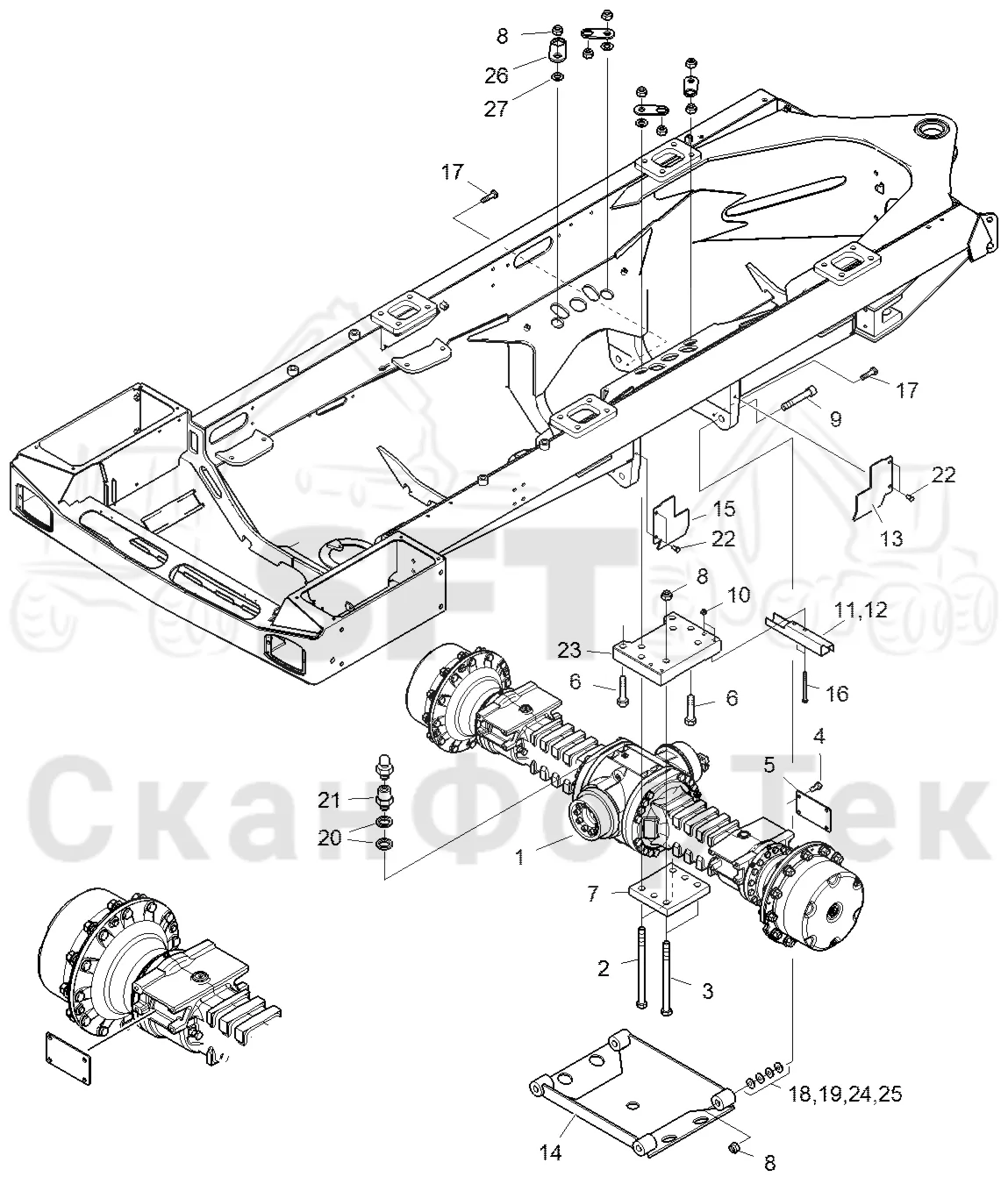 Схема: Komatsu / Форвардер / 855 / Каталог запасных частей / Коробка передач / Ось / Мост передний