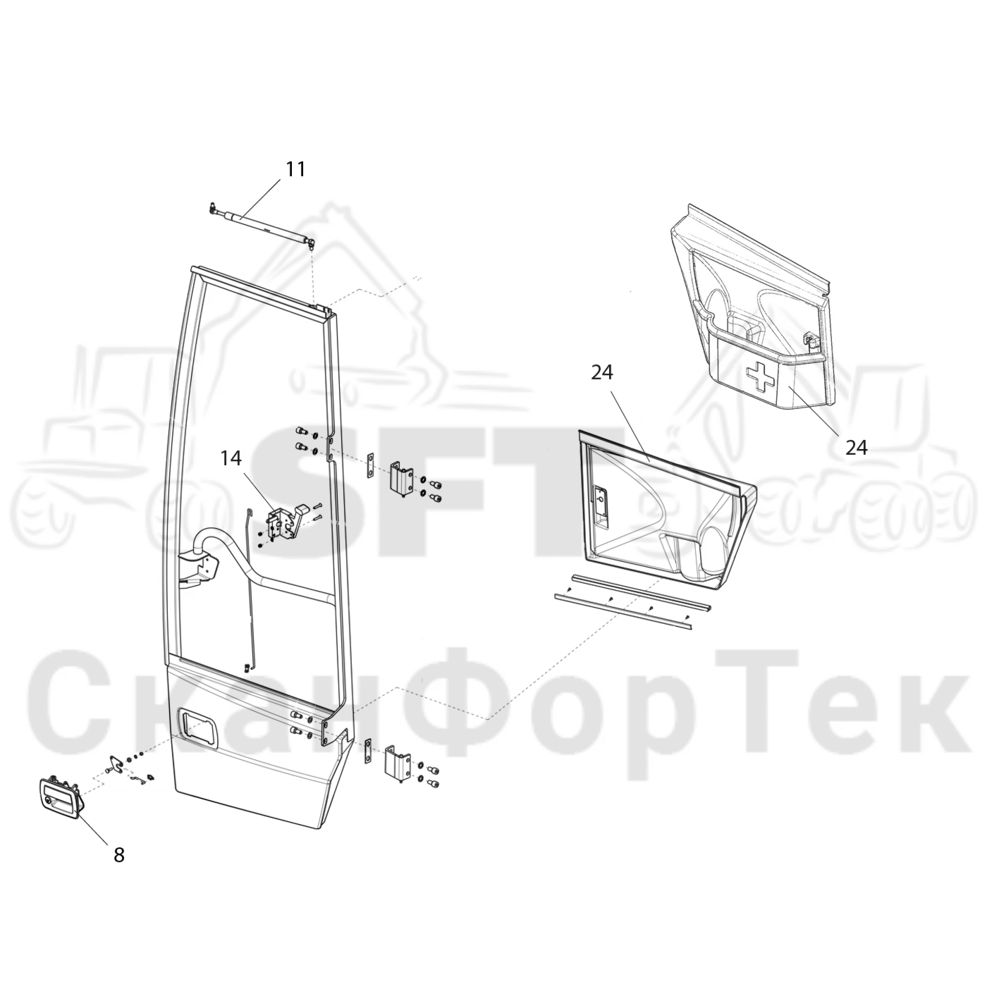 Схема: Komatsu / Форвардер / 835 / Каталог запасных частей / Кабина / Кабина / Дверь