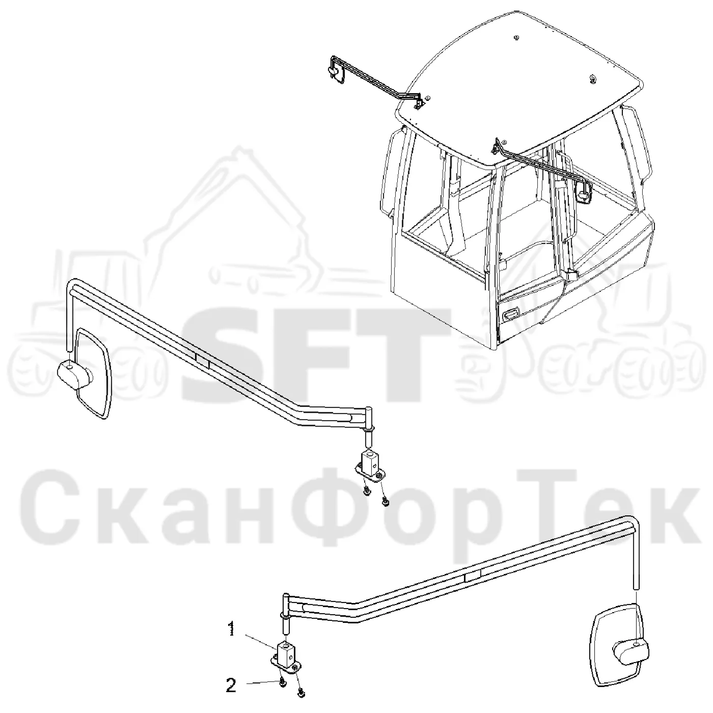 Схема: Komatsu / Форвардер / 895 / Каталог запасных частей / Кабина / Кабина / Зеркало заднего вида / Монтаж