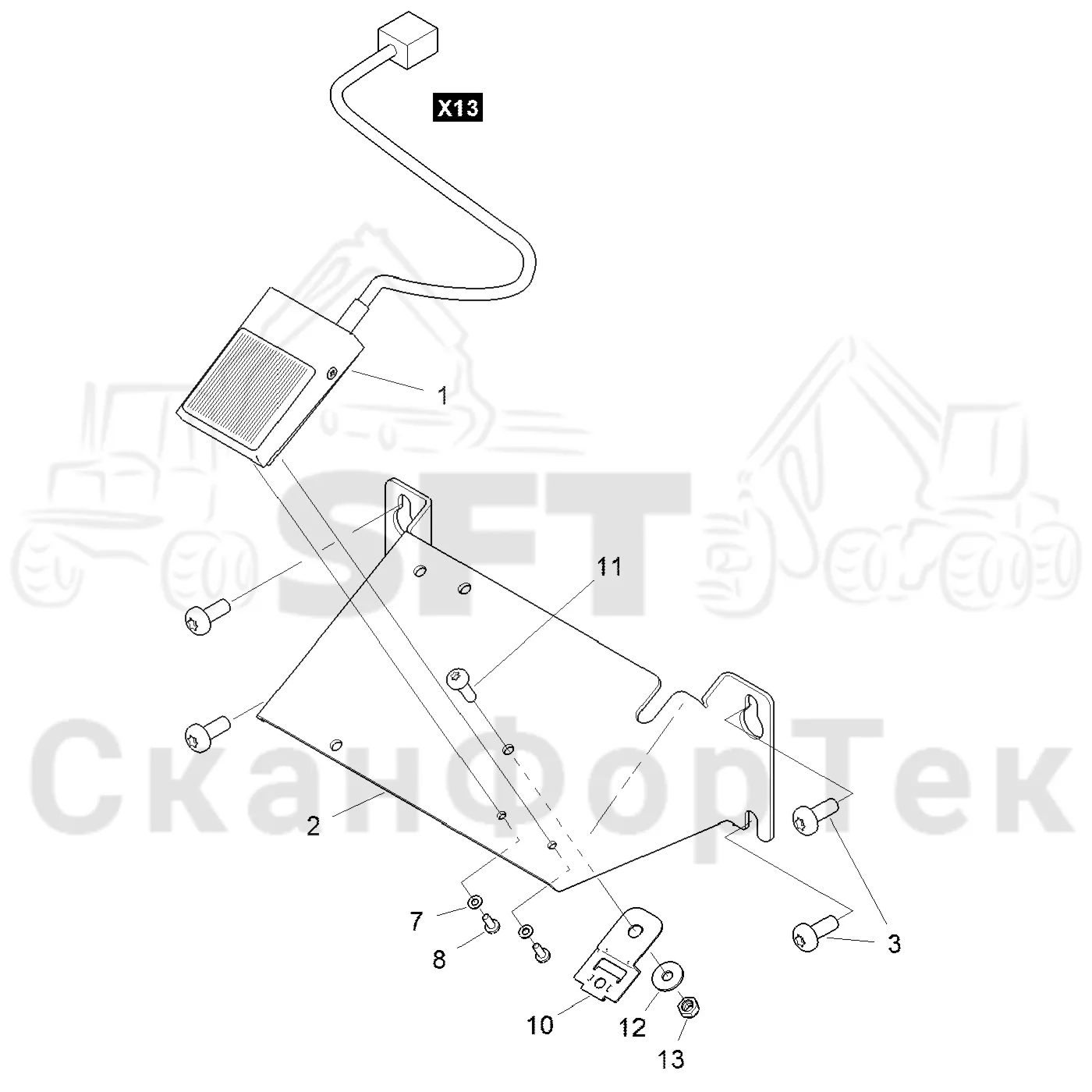Схема: Komatsu / Форвардер / 855.1 / 855.1 / Каталог запасных частей / Кабина / Электрический / Направление хода ножного выключателя