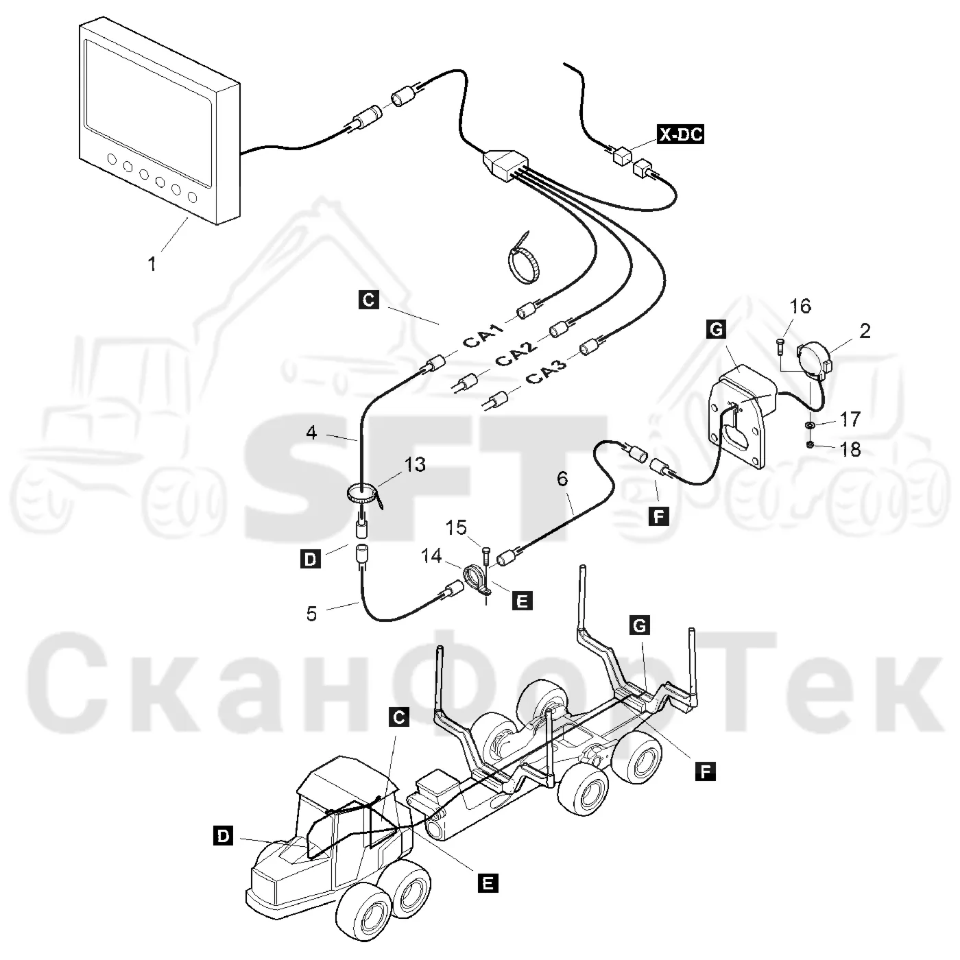 Схема: Komatsu / Форвардер / 855.1 / 855.1 / Каталог запасных частей / Кабина / камера заднего вида / Электрооборудование камера заднего вида