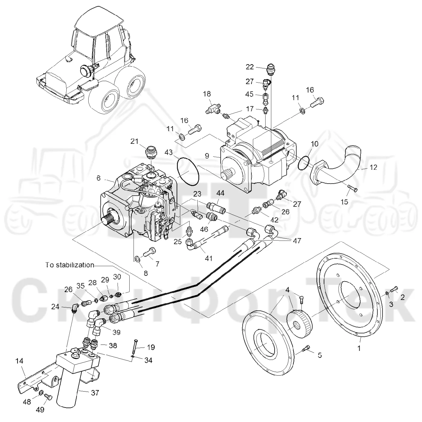 Схема: Komatsu / Форвардер / 855.1 / 855.1 / Каталог запасных частей / Гидравлика / Гидравлические насосы / Насосная установка / Насосная установка -8550011040