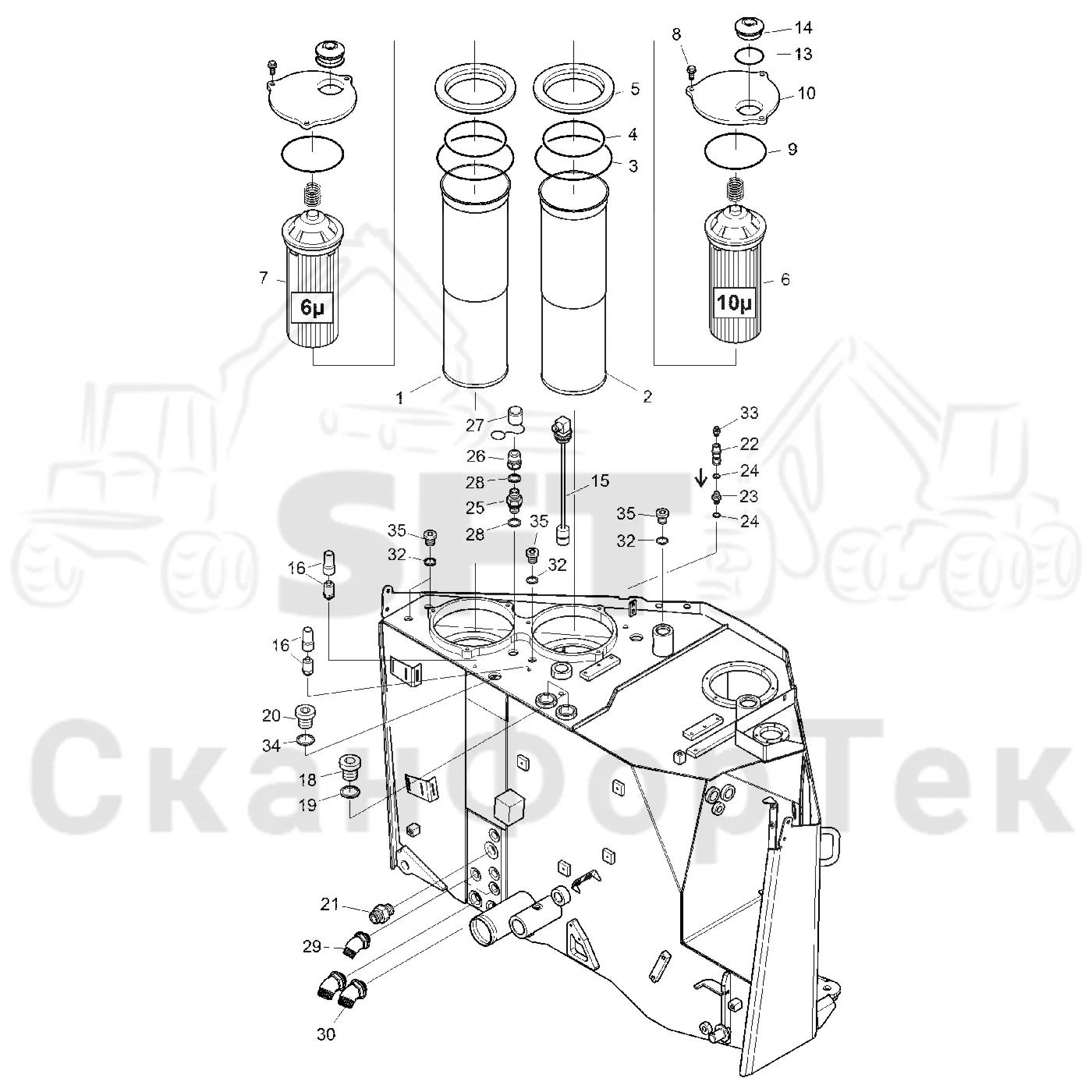 Схема: Komatsu / Форвардер / 855.1 / 855.1 / Каталог запасных частей / Гидравлика / Бак гидравлики / Корпус фильтра