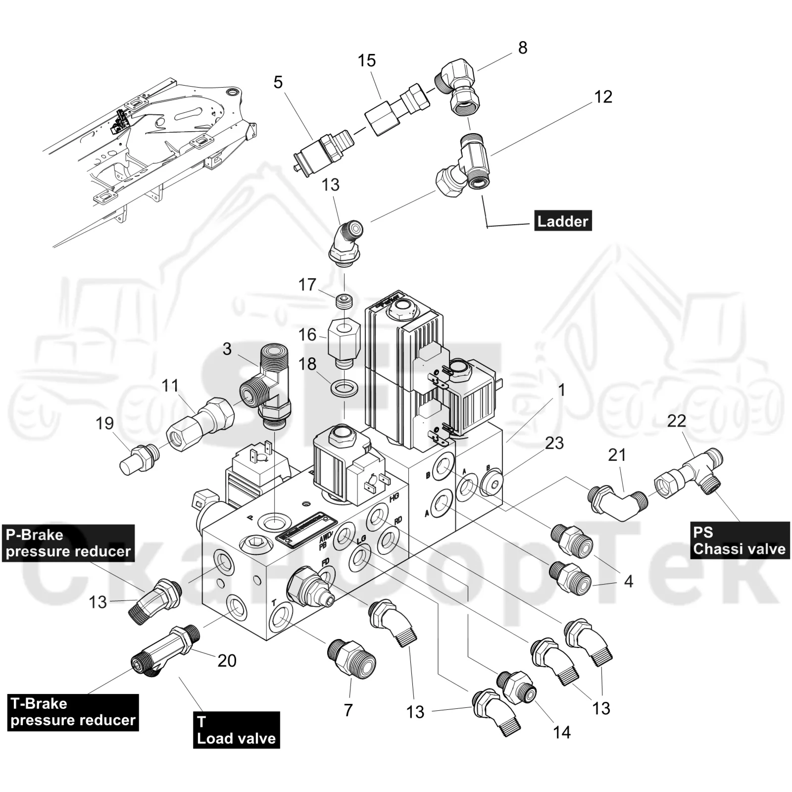 Схема: Komatsu / Форвардер / 855.1 / 855.1 / Каталог запасных частей / Гидравлика / Клапан обслуживания / Клапан обслуживания