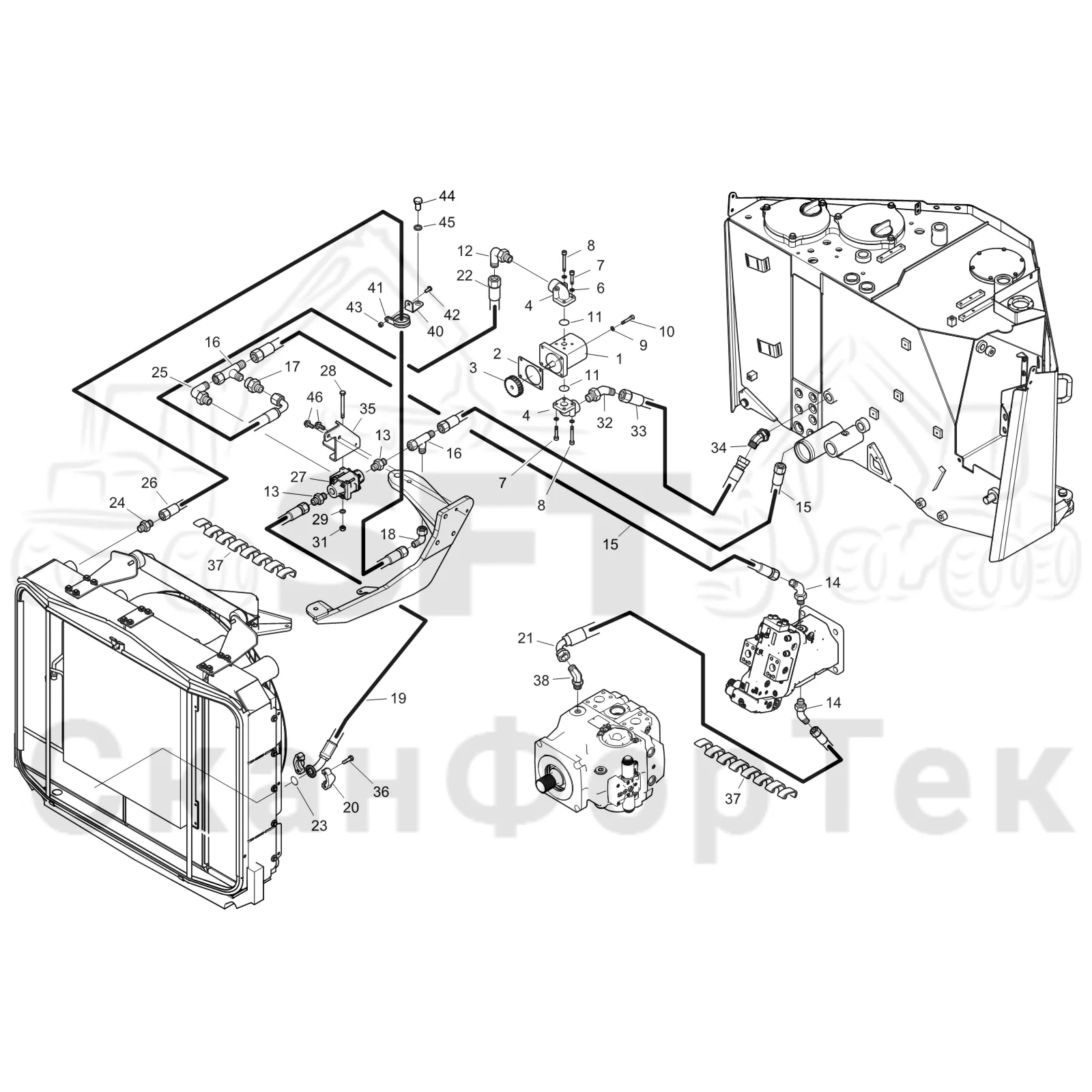 Схема: Komatsu / Форвардер / 855.1 / 855.1 / Каталог запасных частей / Гидравлика / Система охлаждения масла / Охлаждение смазочного масла для гидравлических систем Дополнительное оборудование