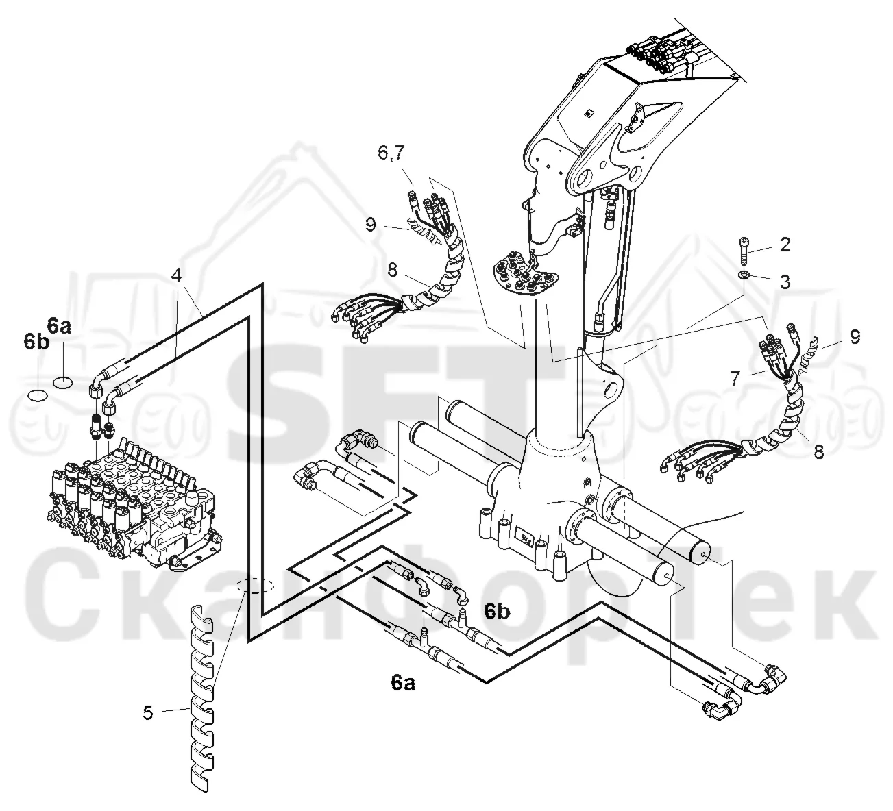 Схема: Komatsu / Форвардер / 855.1 / 855.1 / Каталог запасных частей / Подъемный кран / Подвод шланга / Подвод шланга к подъемному крану CRF 8.1