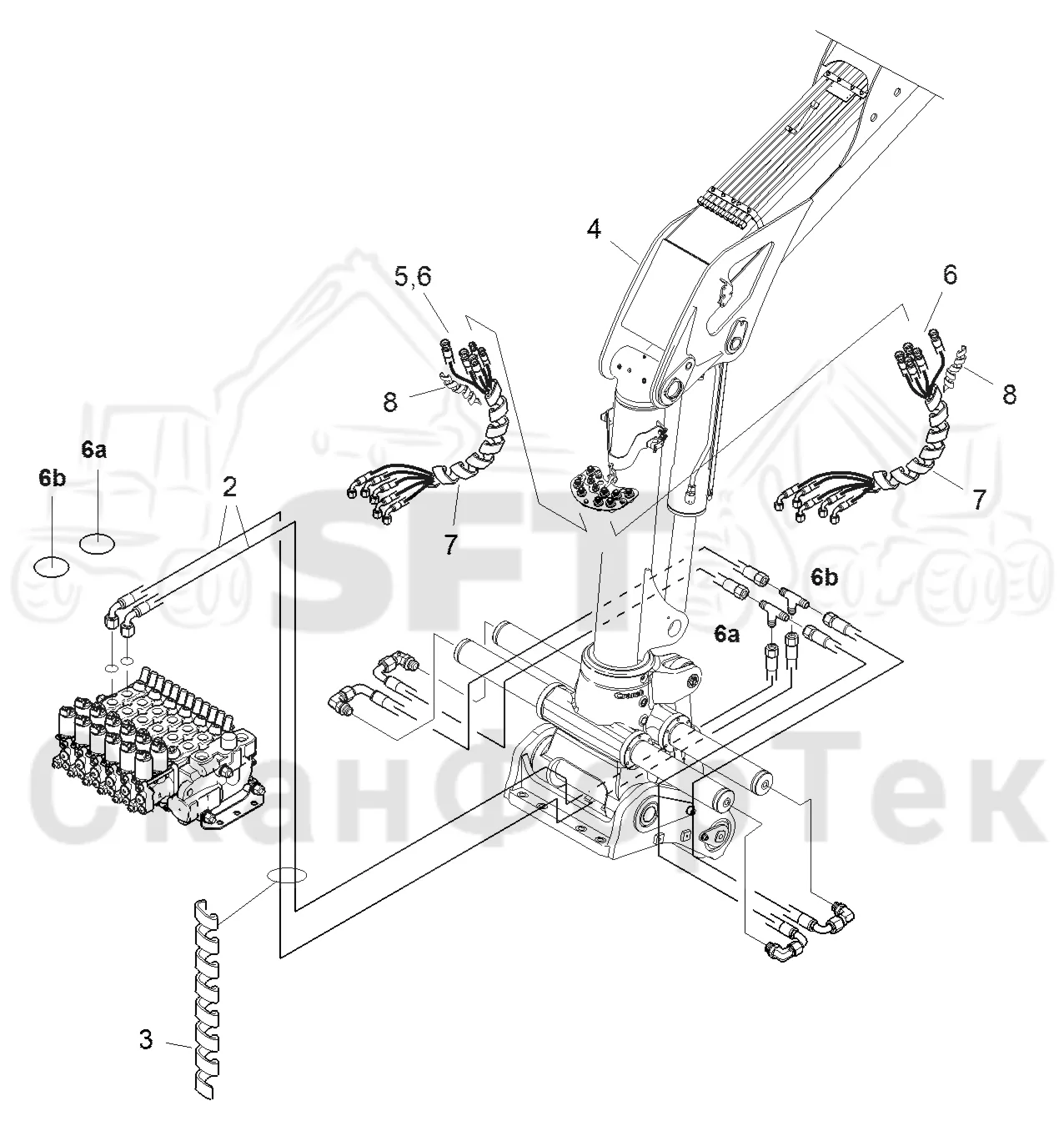 Схема: Komatsu / Форвардер / 855.1 / 855.1 / Каталог запасных частей / Подъемный кран / Подвод шланга / Подвод шланга к подъемному крану CRF 8.1 Стойка наклона