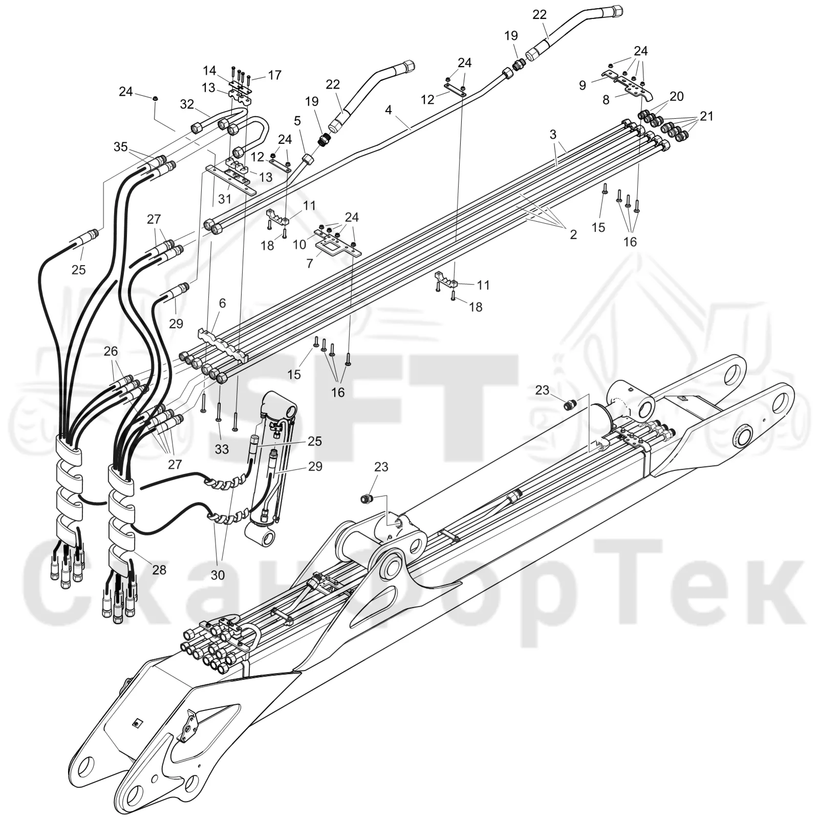 Схема: Komatsu / Форвардер / 855.1 / 855.1 / Каталог запасных частей / Подъемный кран / Трубы и шланги / Трубопроводы и шланги 7,8/9,6 m