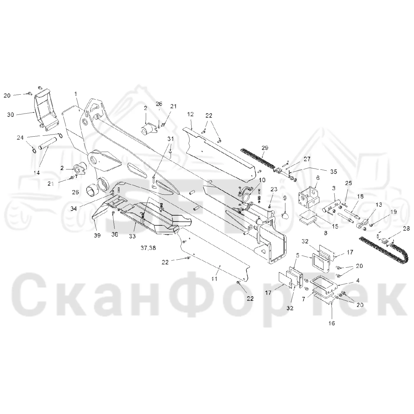 Схема: Komatsu / Форвардер / 860.4 / Каталог запасных частей / Подъемный кран / Вторая стрела / Стрела, наружная / Стрела, наружная 9,6m