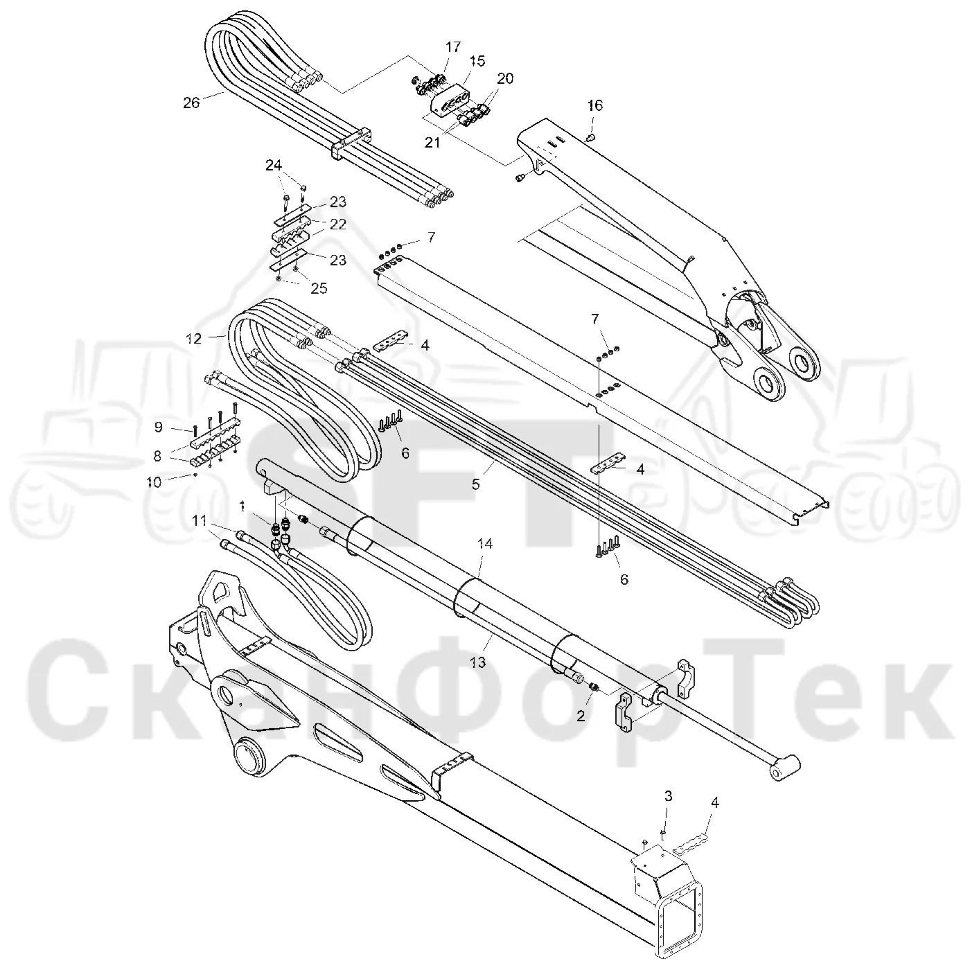 Схема: Komatsu / Форвардер / 855.1 / 855.1 / Каталог запасных частей / Подъемный кран / Трубы и шланги / Трубопроводы и шланги ProTec 7,8 m