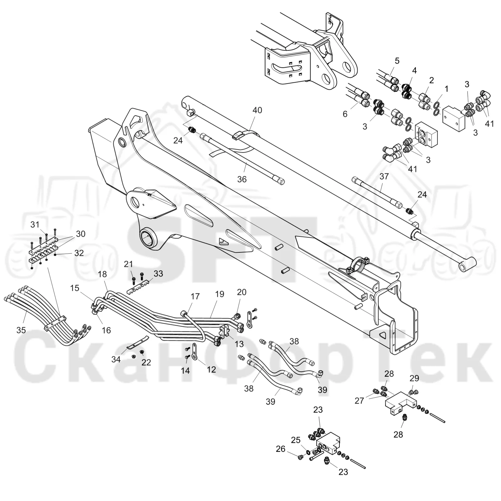 Схема: Komatsu / Форвардер / 855 / Каталог запасных частей / Подъемный кран / Трубы и шланги / Трубопроводы и шланги Combi 9,6 m