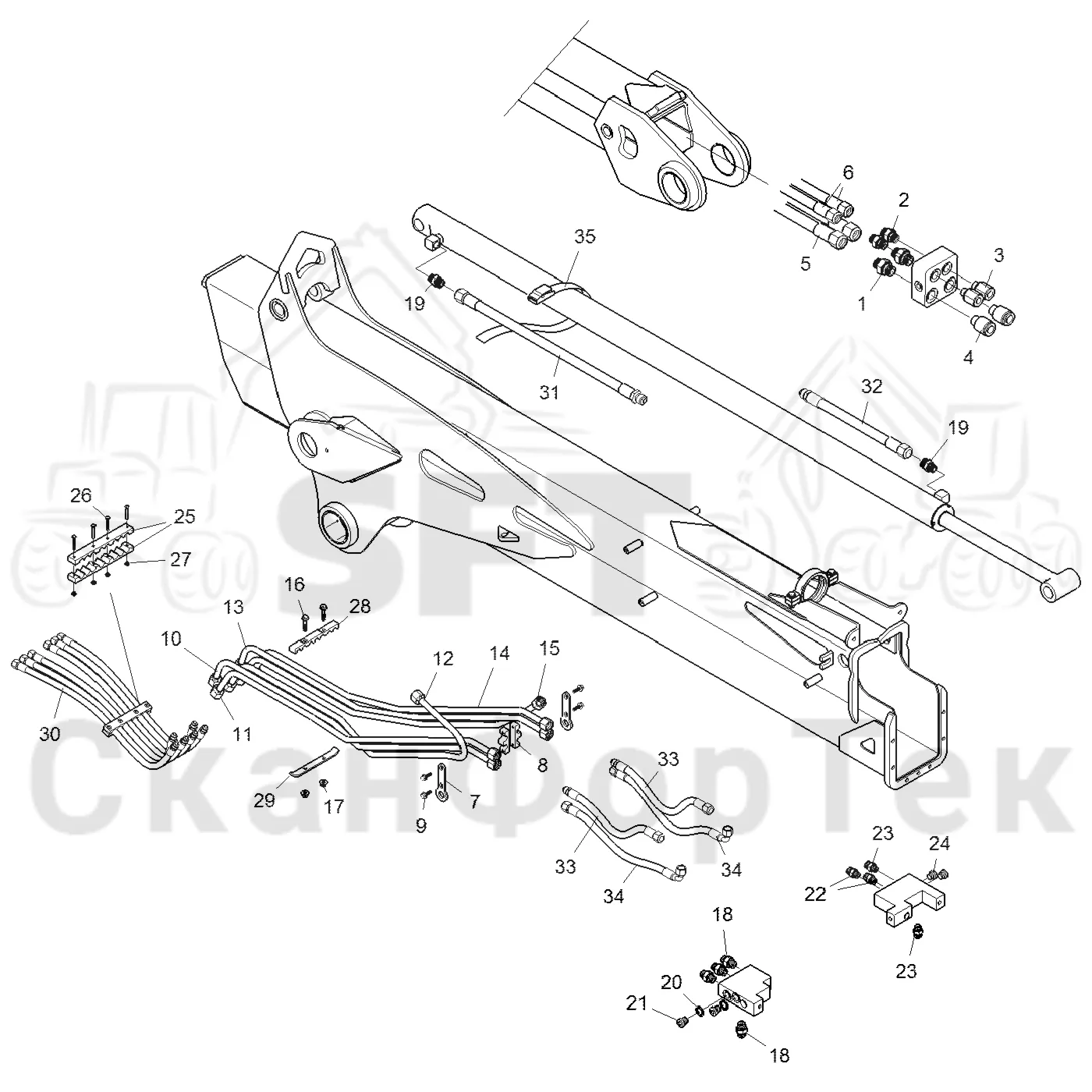 Схема: Komatsu / Форвардер / 865 / Каталог запасных частей / Подъемный кран / Трубы и шланги / Трубопроводы и шланги Combi ProTec 9,6 m