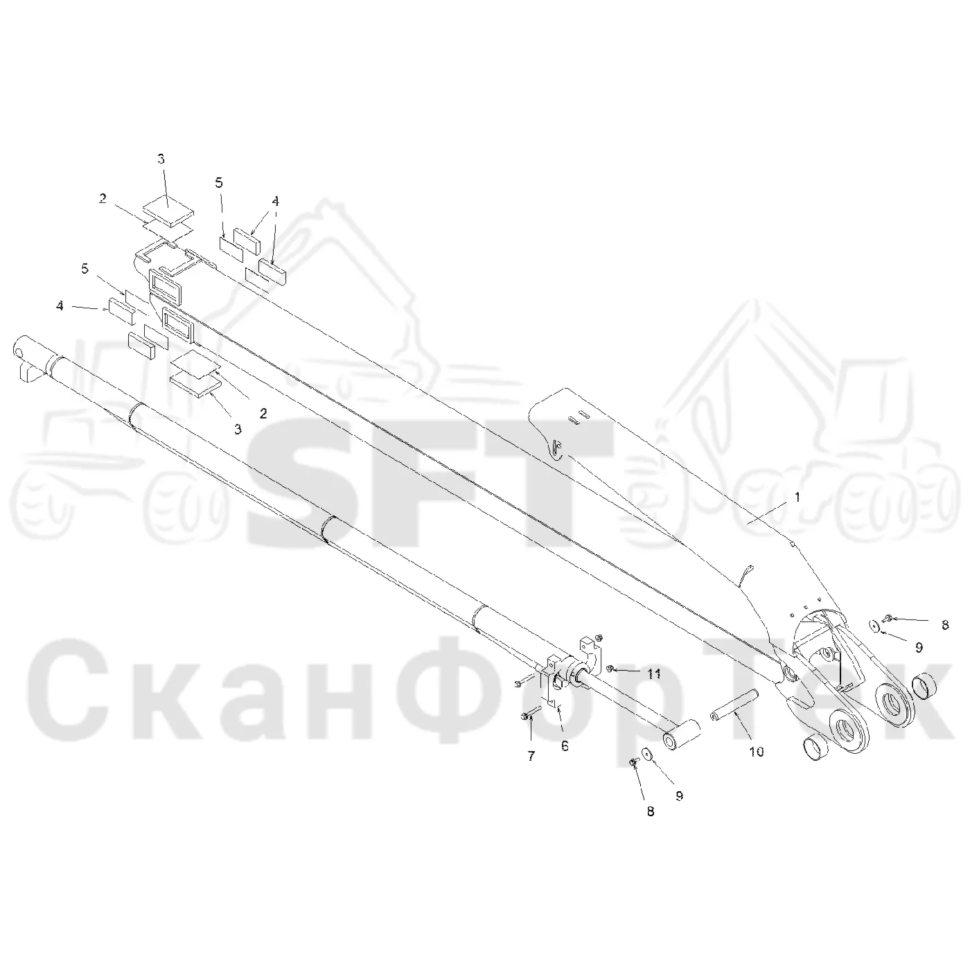 Схема: Komatsu / Форвардер / 840.4 / Каталог запасных частей / Подъемный кран / Удлинитель стрелы / Стрела / Телескопическая стрела Protec 7,8 m