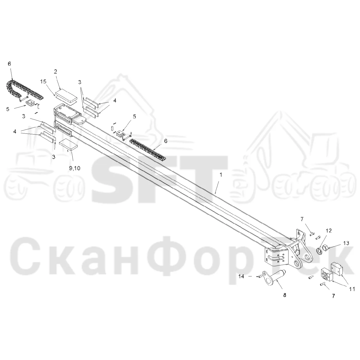 Схема: Komatsu / Форвардер / 840.4 / Каталог запасных частей / Подъемный кран / Удлинитель стрелы / Стрела / Телескопическая стрела Combi 9,6/10 m