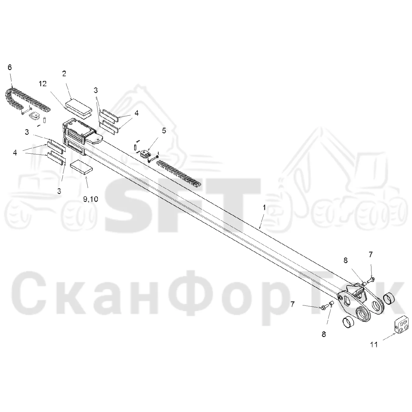Схема: Komatsu / Форвардер / 840TX / Каталог запасных частей / Подъемный кран / Удлинитель стрелы / Стрела / Телескопическая стрела Combi ProTec 9,6/10 m