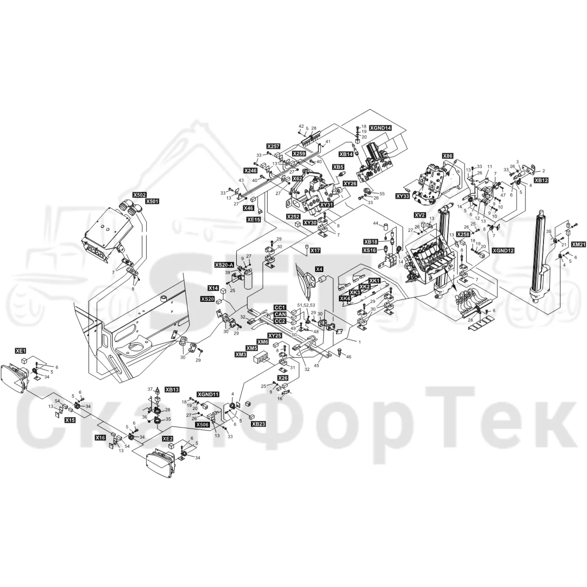 Схема: Komatsu / Форвардер / 855.1 / 855.1 / Каталог запасных частей / шасси / Электрический Оборудование / Комплект кабелей передней рамы 8550011391-