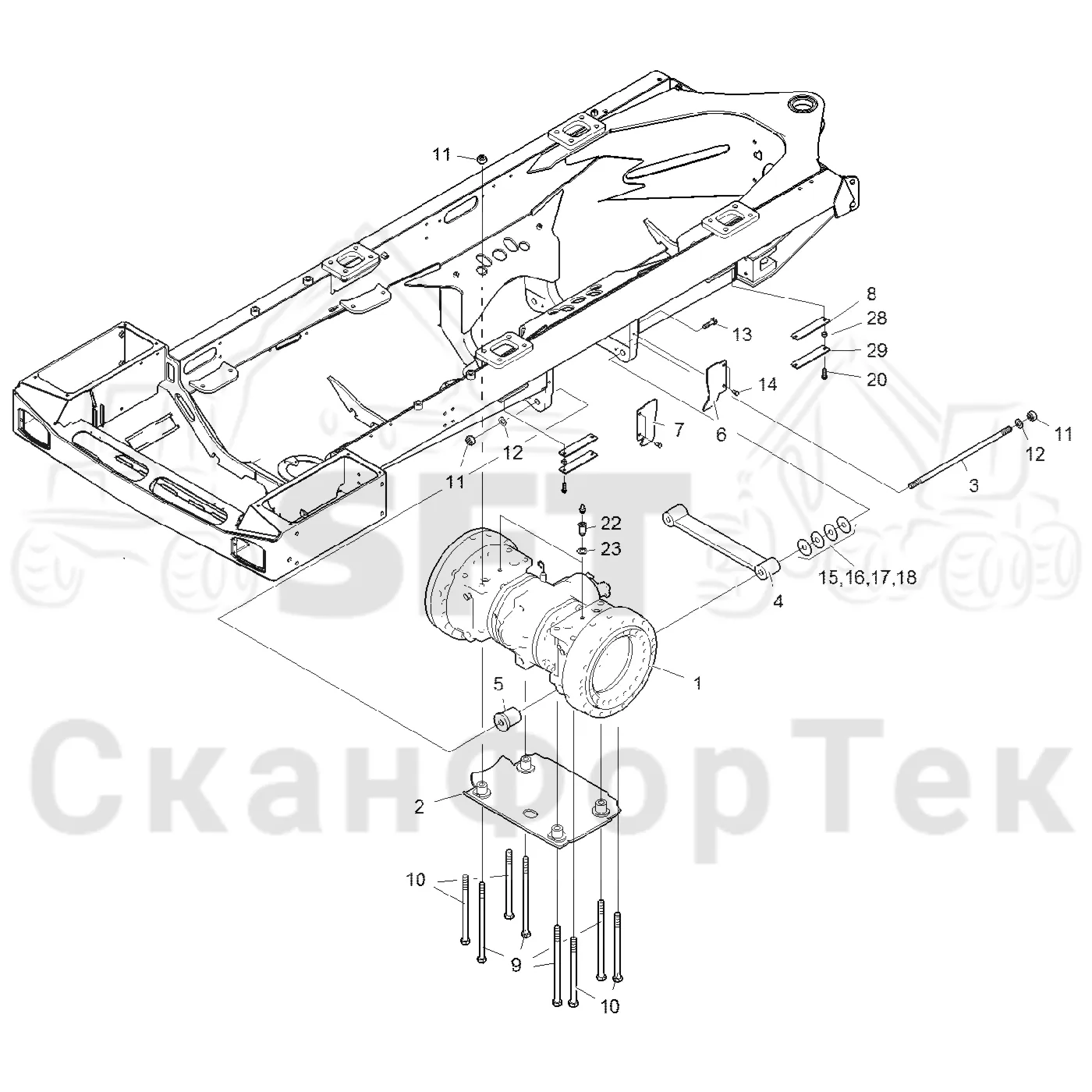 Схема: Komatsu / Форвардер / 865 / Каталог запасных частей / Коробка передач / Мост каретки / Передний агрегат каретки