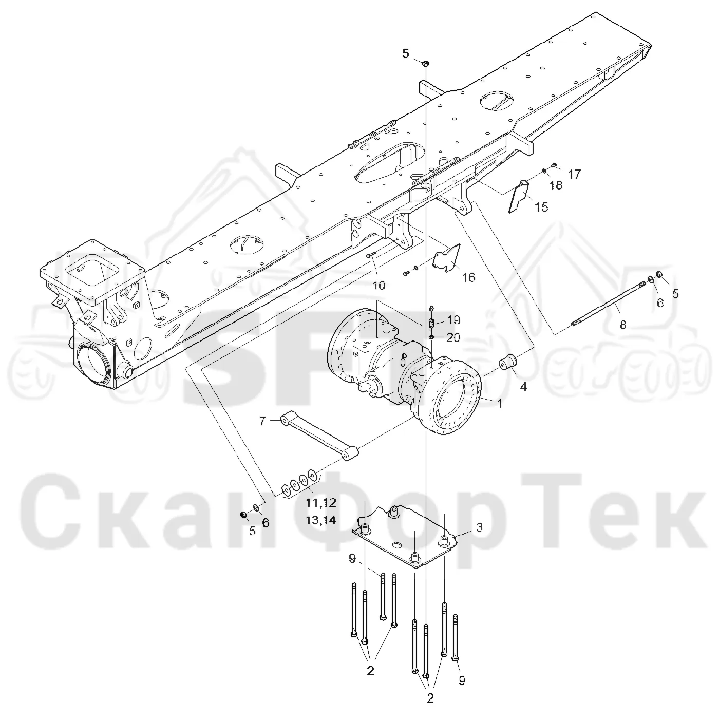Схема: Komatsu / Форвардер / 865 / Каталог запасных частей / Коробка передач / Мост каретки / Задний агрегат каретки