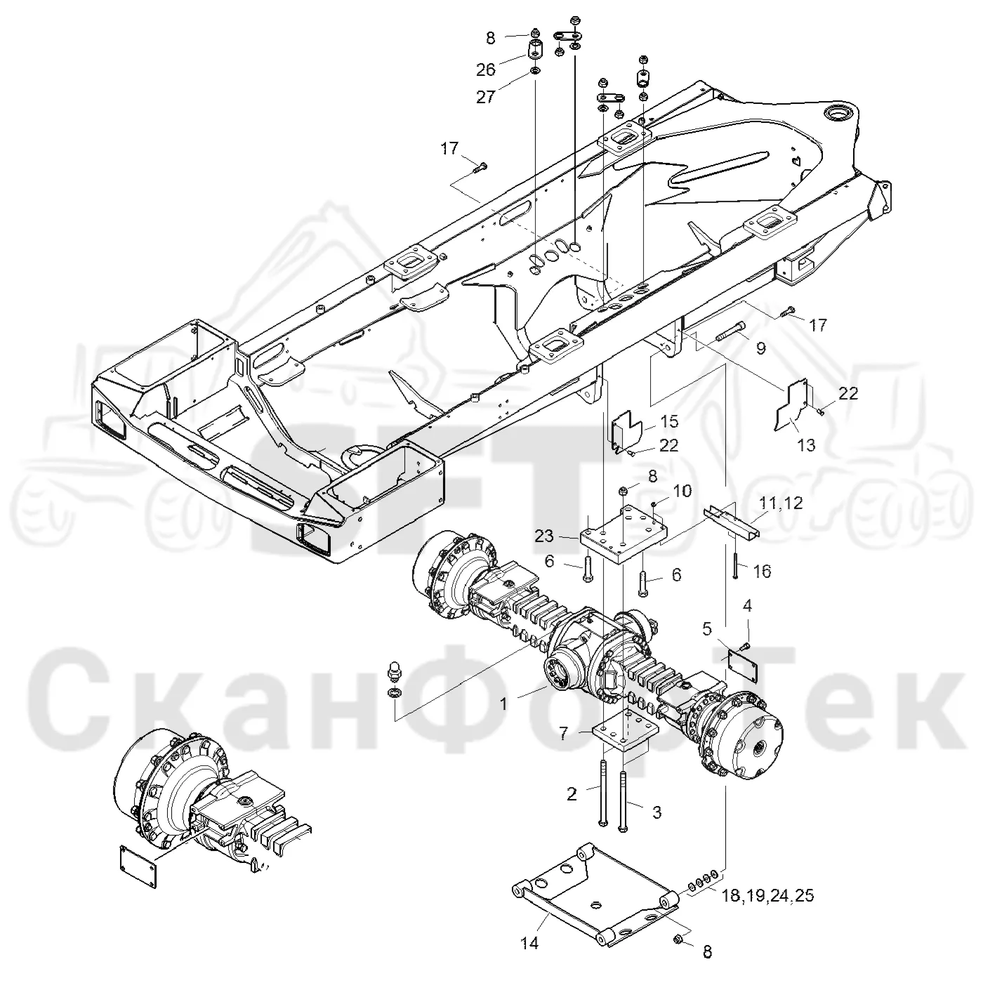 Схема: Komatsu / Форвардер / 865 / Каталог запасных частей / Коробка передач / Ось / Мост передний