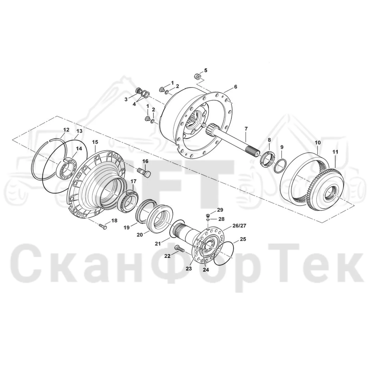 Схема: Komatsu / Форвардер / 865 / Каталог запасных частей / Коробка передач / Ось / Редуктор ступицы