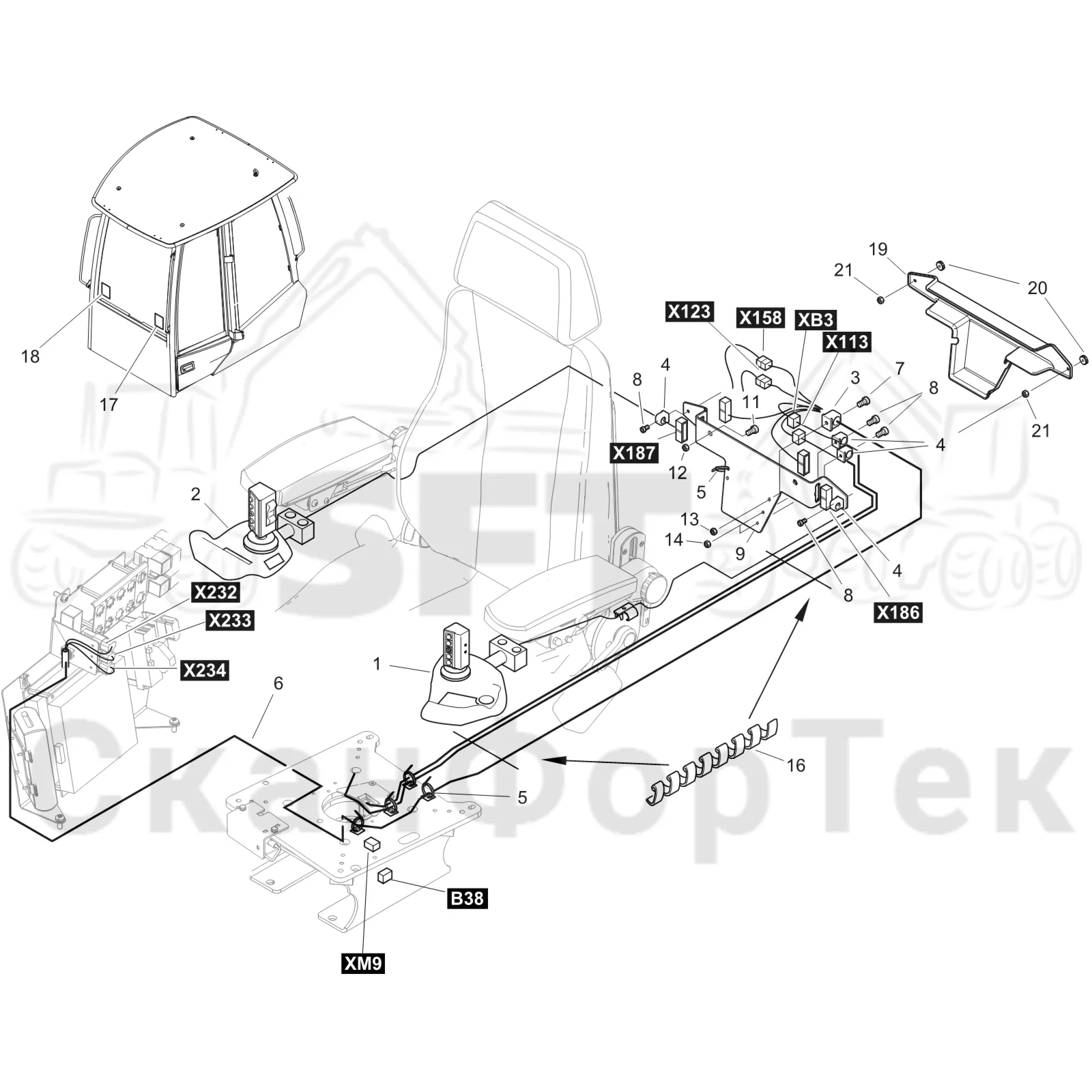 Схема: Komatsu / Форвардер / 875 S/N 8750000010- / Каталог запасных частей / Кабина / Сиденья / Комплект электрооборудования / Электрический набор Малогабаритные рычаги Advanced