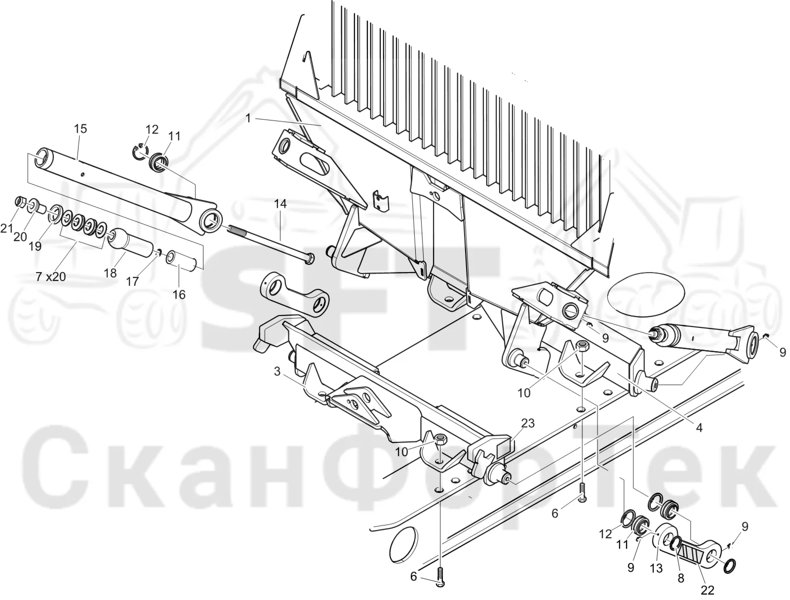Схема: Komatsu / Форвардер / 895 / Каталог запасных частей / шасси / Зона погрузки / Заслонка, фиксированная FlexGate