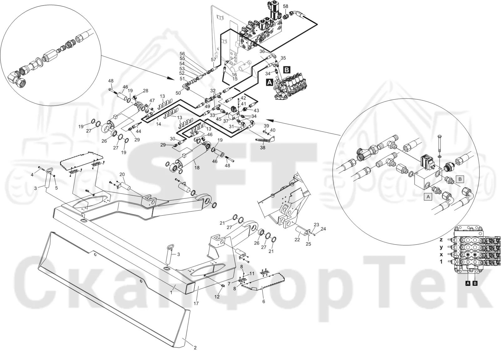 Схема: Komatsu / Форвардер / 895 / Каталог запасных частей / шасси / Строгальное лезвие / Строгальное лезвие/ Гидравлическая перемещаемая решётка