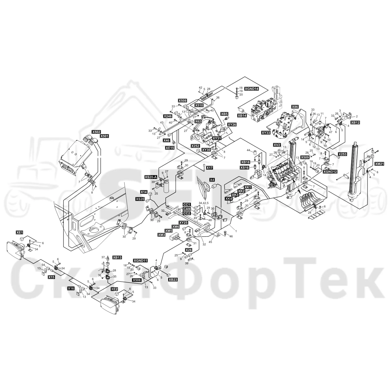 Схема: Komatsu / Форвардер / 895 / Каталог запасных частей / шасси / Электрический Оборудование / Комплект кабелей передней рамы