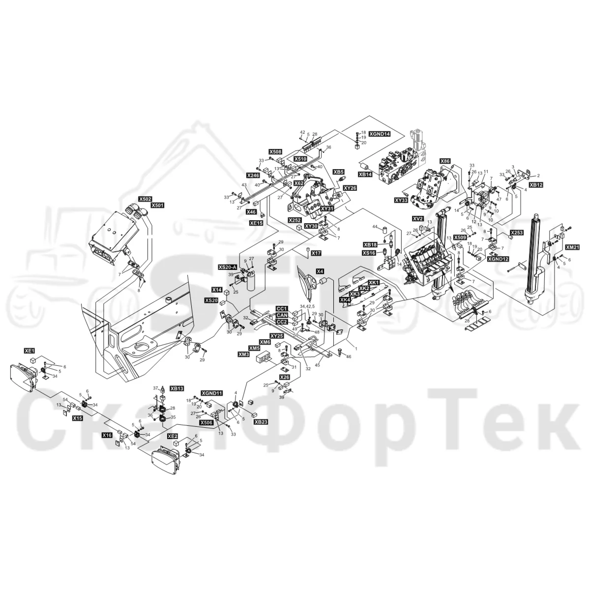 Схема: Komatsu / Форвардер / 895 / Каталог запасных частей / шасси / Электрический Оборудование / Комплект кабелей передней рамы 8950000901-