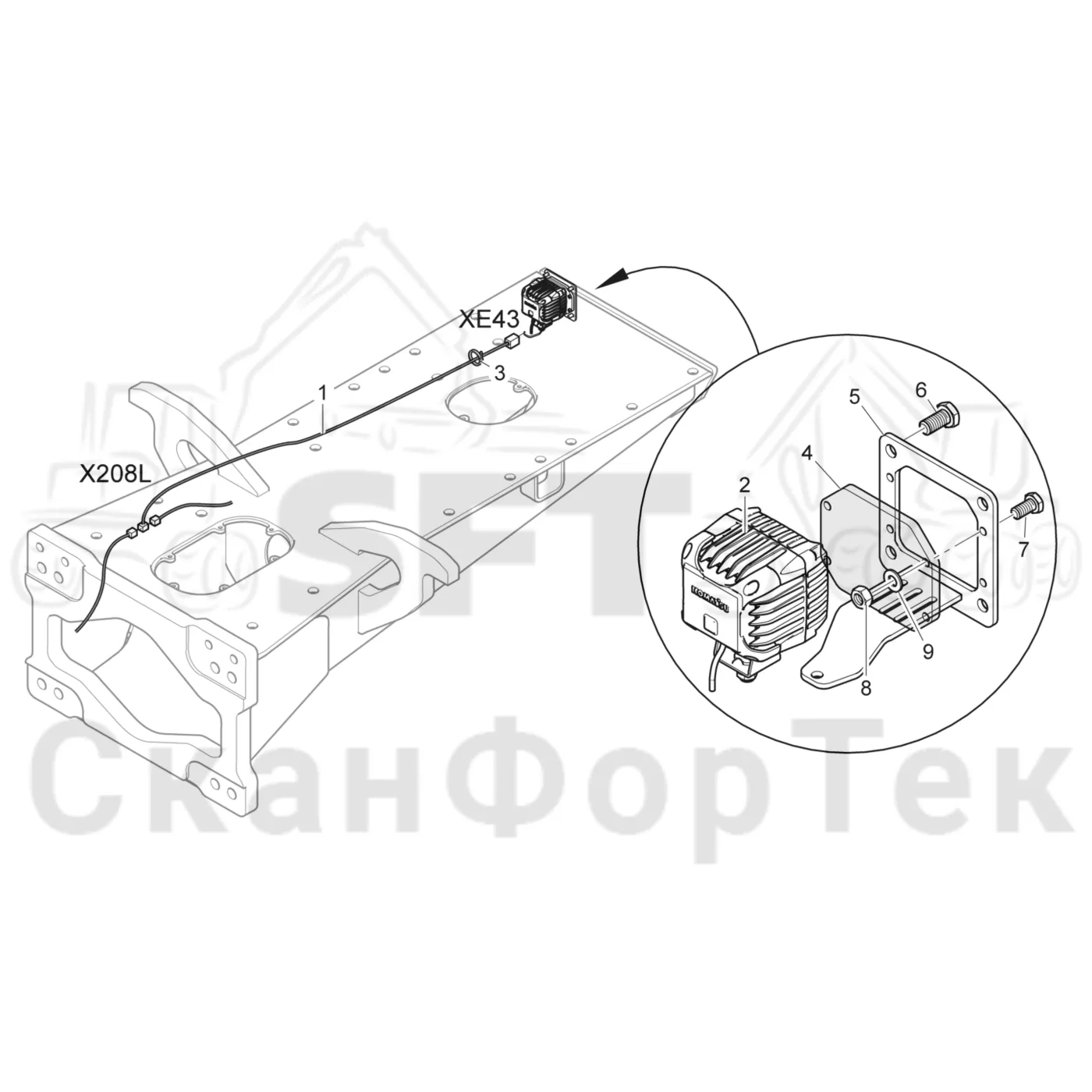 Схема: Komatsu / Форвардер / 895 / Каталог запасных частей / шасси / Электрический Оборудование / Рабочие лампы, галогеновые
