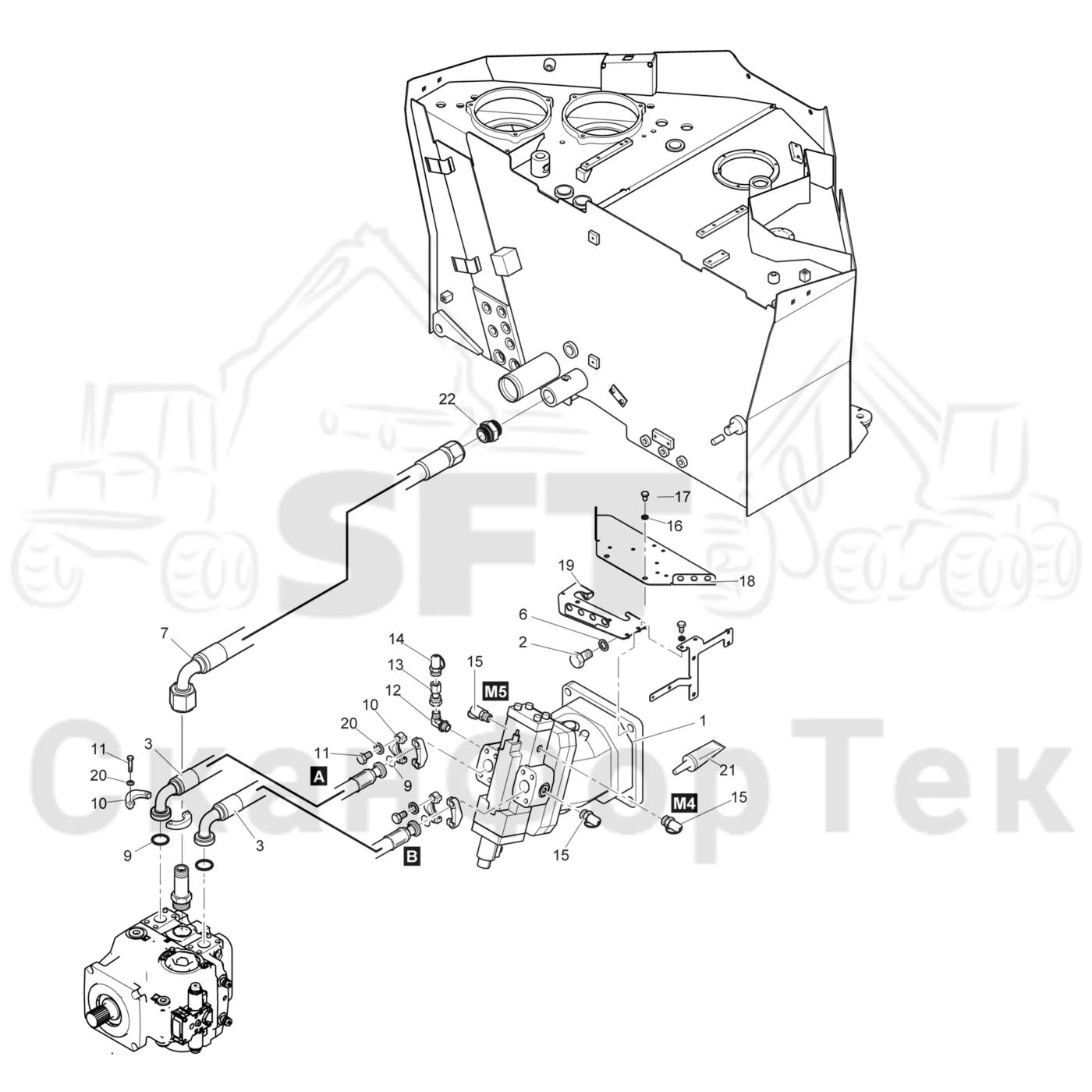 Схема: Komatsu / Форвардер / 895 / Каталог запасных частей / Коробка передач / Подвод гидростатического шланга / Подвод гидростатического шланга