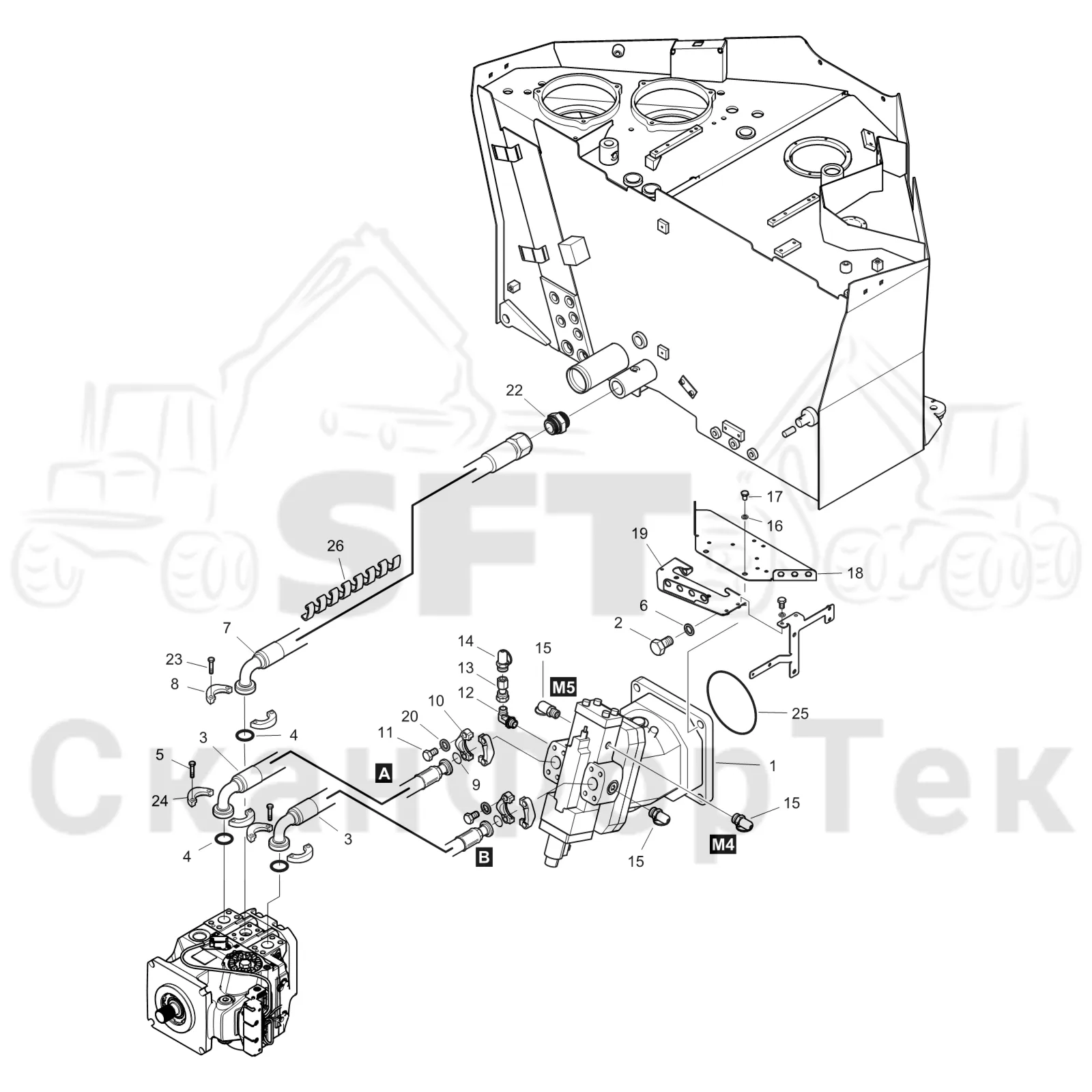Схема: Komatsu / Форвардер / 895 / Каталог запасных частей / Коробка передач / Подвод гидростатического шланга / Подвод гидростатического шланга 8950000570-
