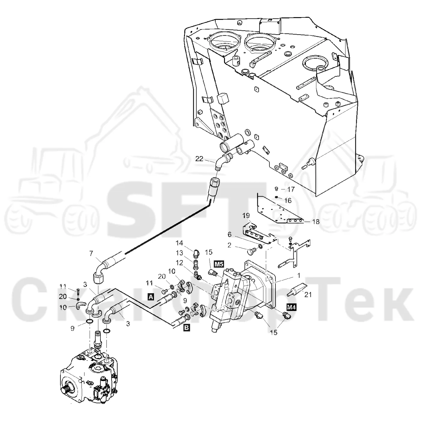Схема: Komatsu / Форвардер / 895 / Каталог запасных частей / Коробка передач / Подвод гидростатического шланга Comfort Ride / Подвод гидростатического шланга Comfort Ride