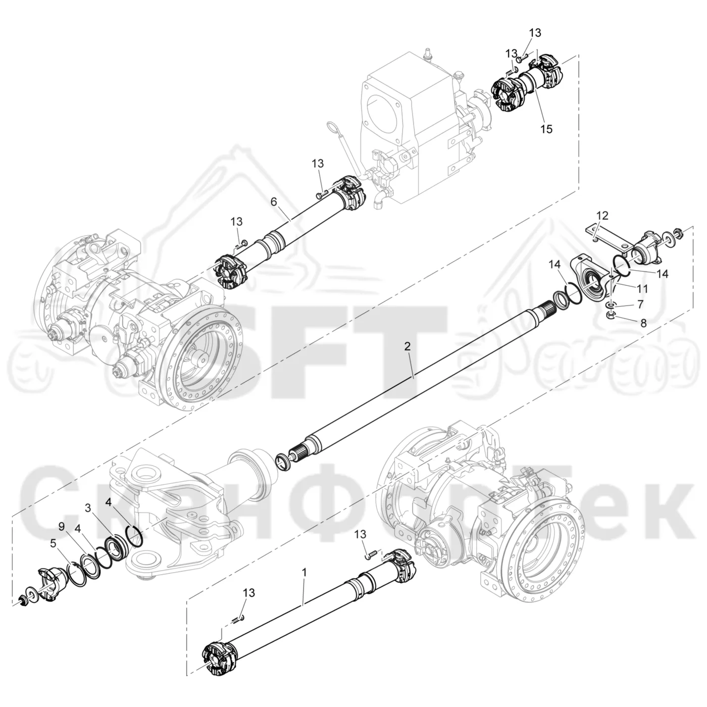 Схема: Komatsu / Форвардер / 895 / Каталог запасных частей / Коробка передач / Карданная передача / Карданная передача 0/0