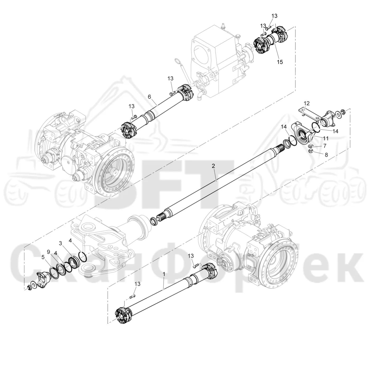 Схема: Komatsu / Форвардер / 895 / Каталог запасных частей / Коробка передач / Карданная передача / Карданная передача +600