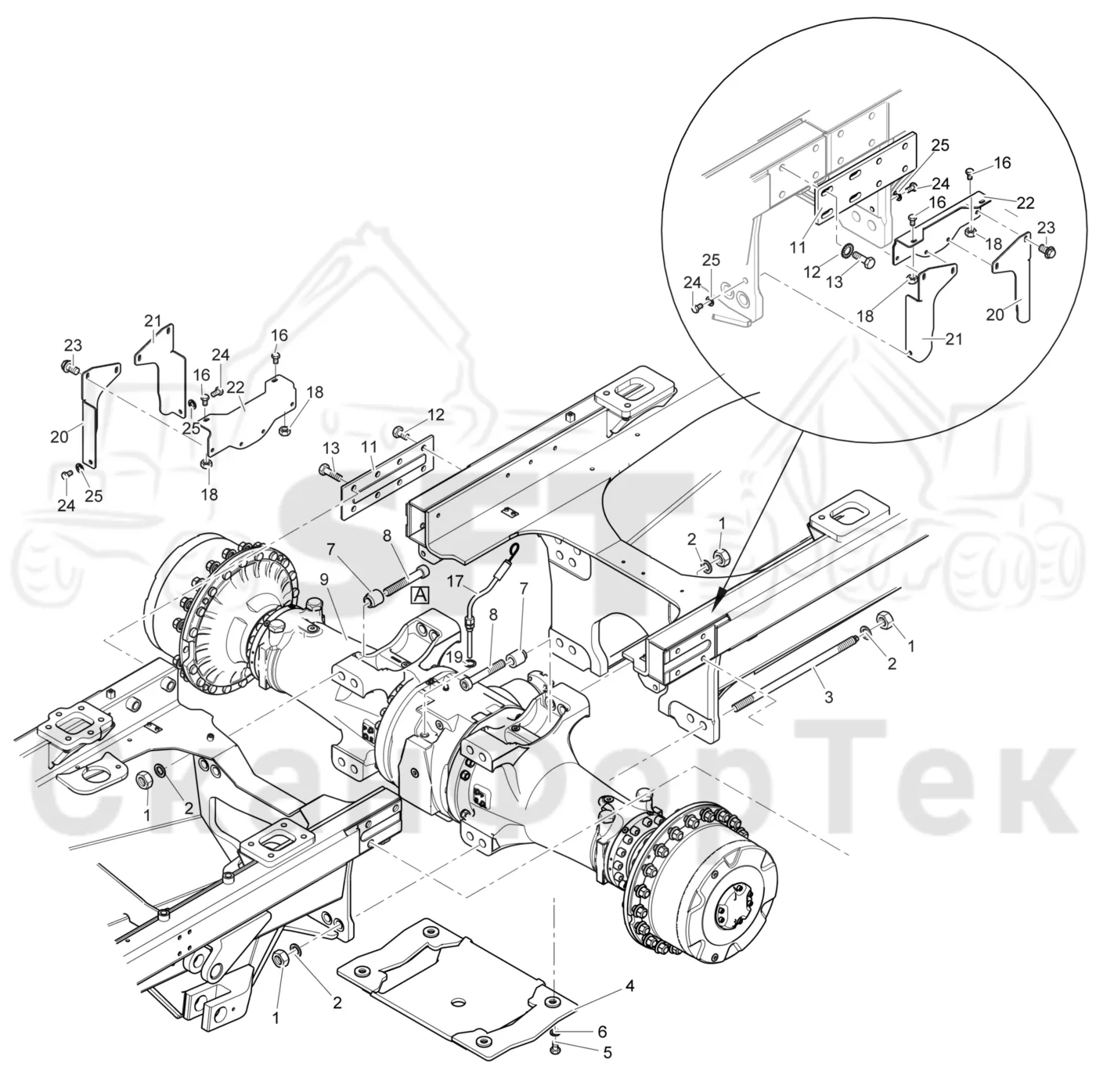 Схема: Komatsu / Форвардер / 895 / Каталог запасных частей / Коробка передач / Ось / Мост передний