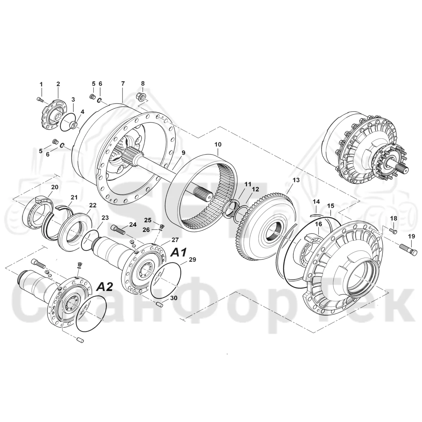 Схема: Komatsu / Форвардер / 895 S/N 8950011010- / Каталог запасных частей / Коробка передач / Ось / Редуктор ступицы