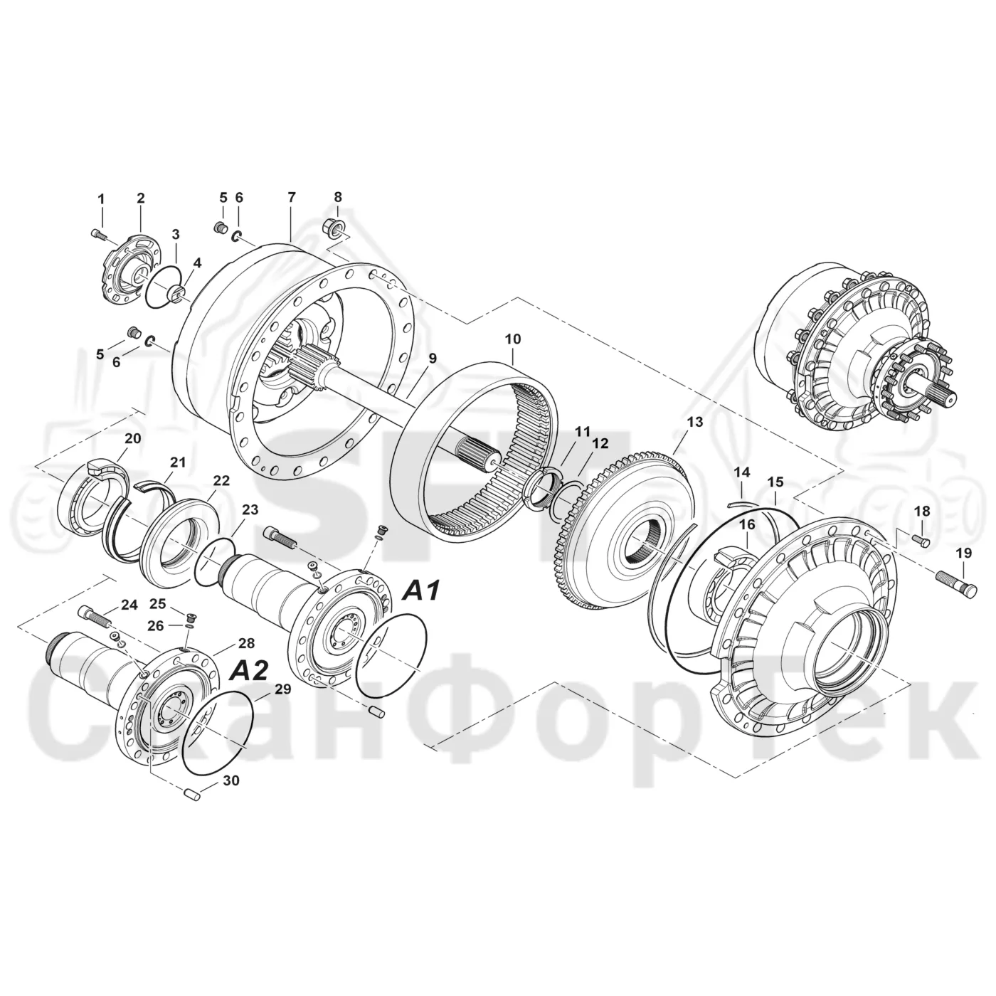 Схема: Komatsu / Форвардер / 895 / Каталог запасных частей / Коробка передач / Ось / Редуктор ступицы