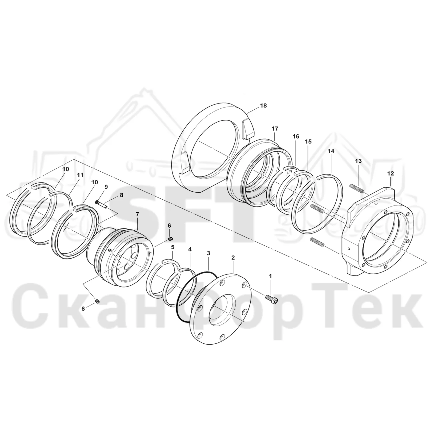 Схема: Komatsu / Форвардер / 875 S/N 8750000010- / Каталог запасных частей / Коробка передач / Ось / Тормозной цилиндр
