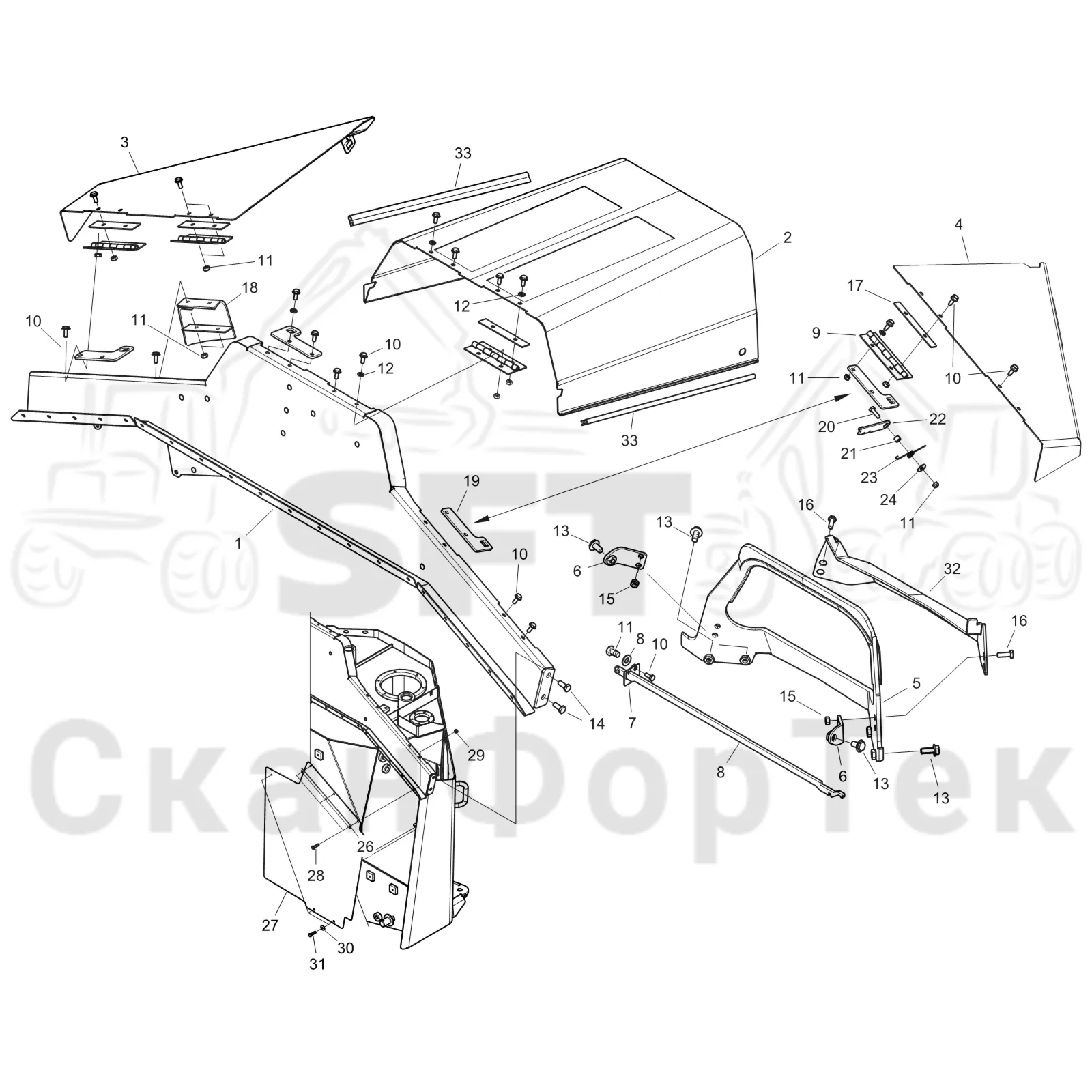 Схема: Komatsu / Форвардер / 895 / Каталог запасных частей / Гидравлика / Бак гидравлики / Защитные крышки бака гидравлического масла
