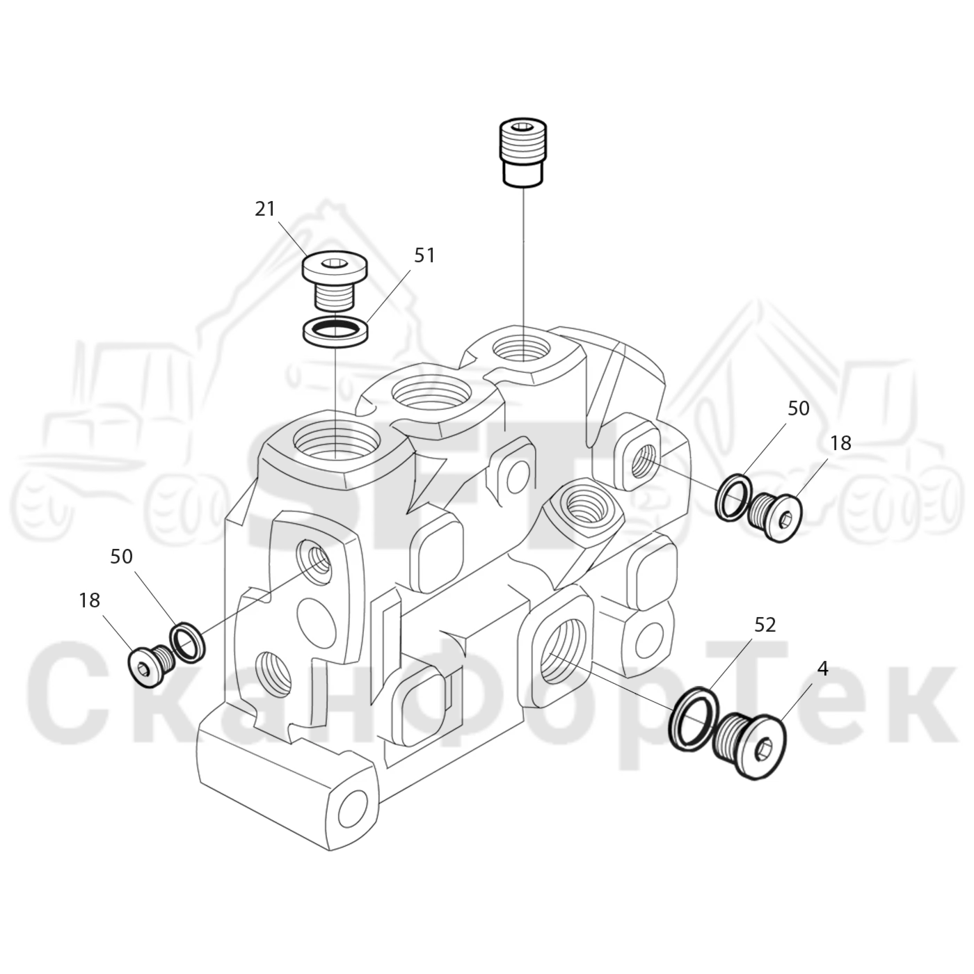 Схема: Komatsu / Форвардер / 835 / Каталог запасных частей / Гидравлика / Клапан подъемного крана / Торцевая секция