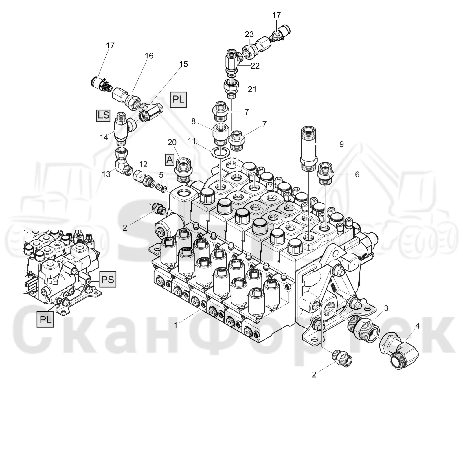 Схема: Komatsu / Форвардер / 895 / Каталог запасных частей / Гидравлика / Клапан подъемного крана / Узел клапана