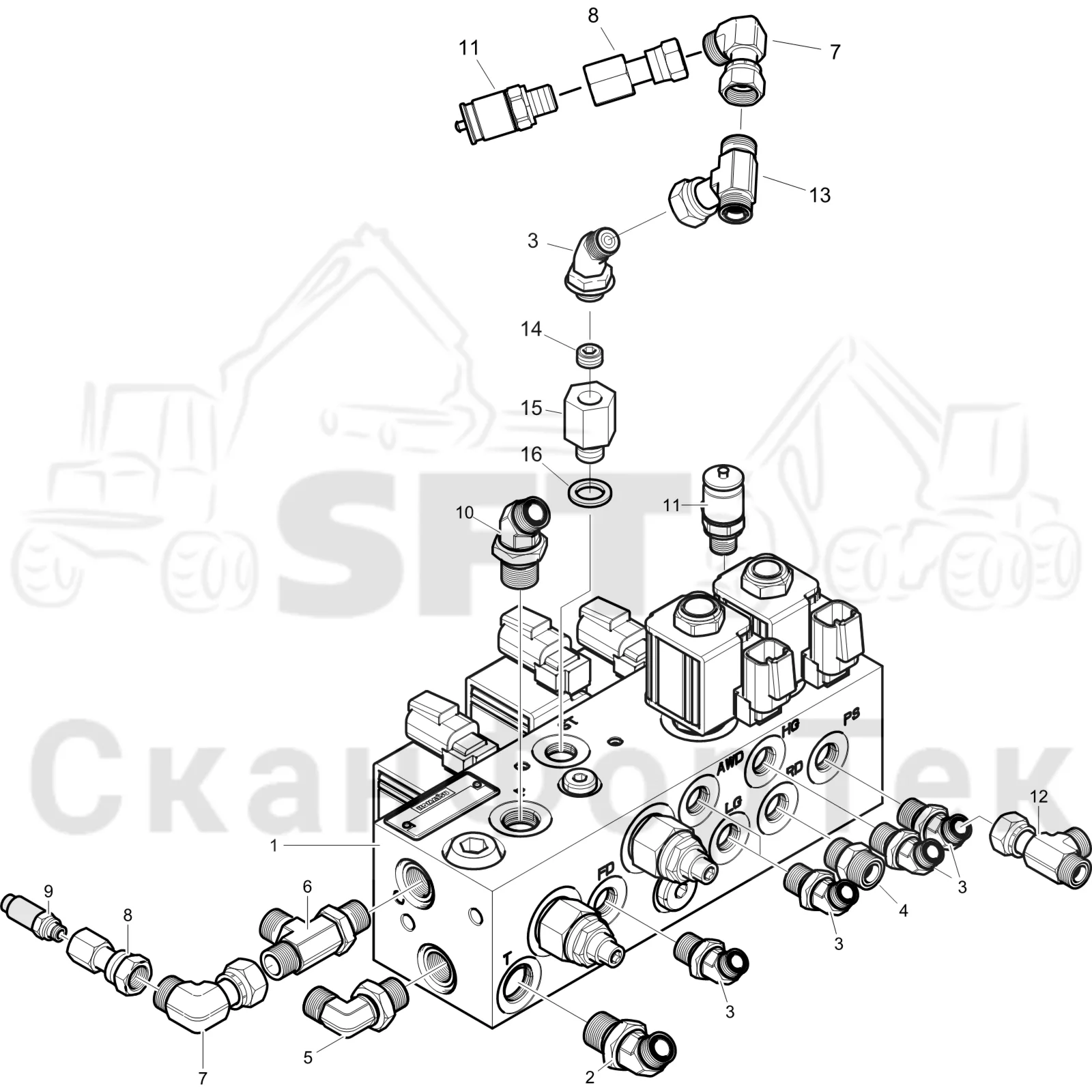 Схема: Komatsu / Форвардер / 895 / Каталог запасных частей / Гидравлика / Клапан обслуживания / Клапан обслуживания