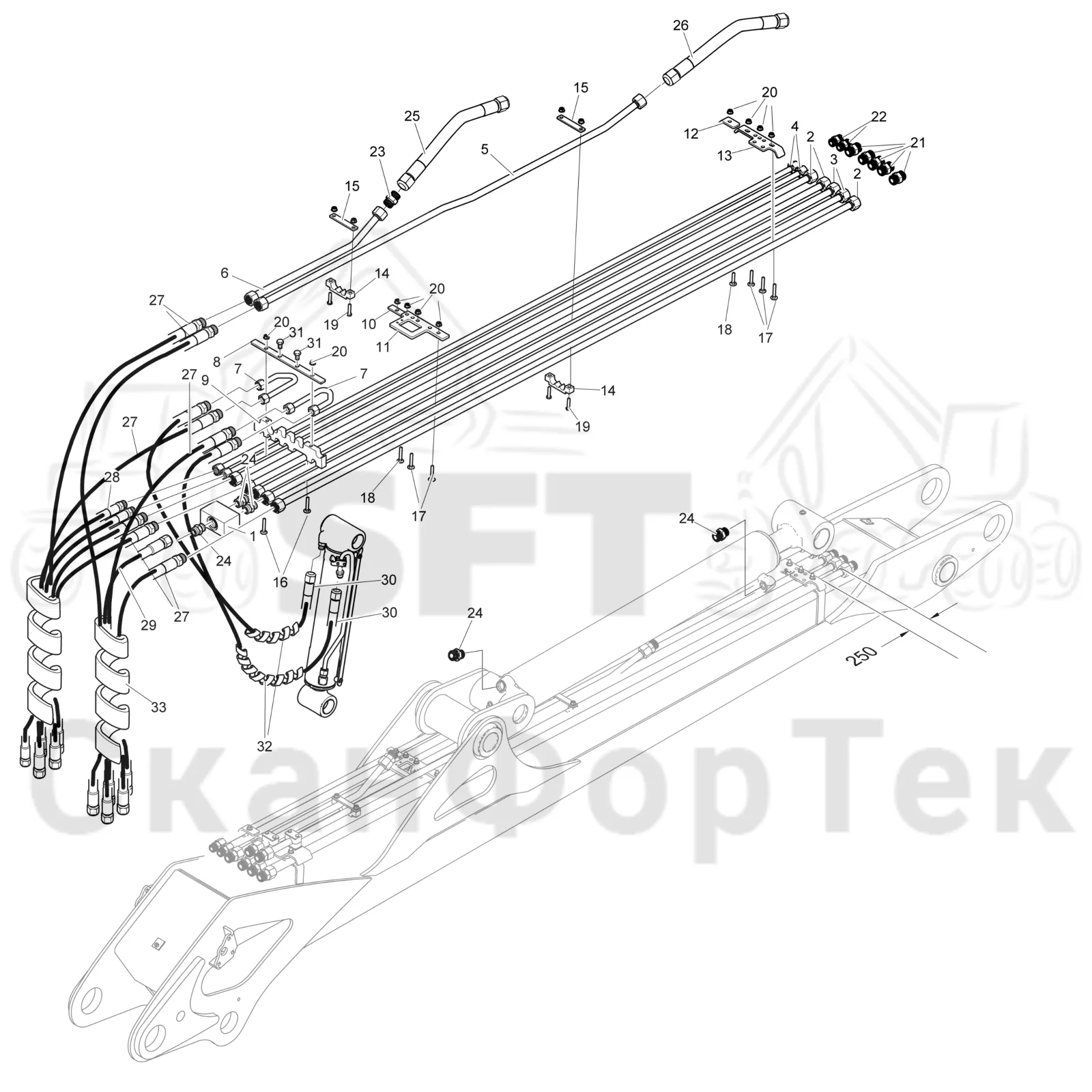 Схема: Komatsu / Форвардер / 895 / Каталог запасных частей / Подъемный кран / Трубы и шланги / Трубы и шланги