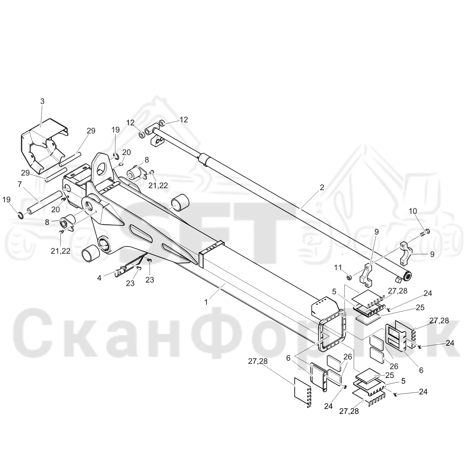 Схема: Komatsu / Форвардер / 895 / Каталог запасных частей / Подъемный кран / Стрела, наружная / Стрела, наружная 7,5m