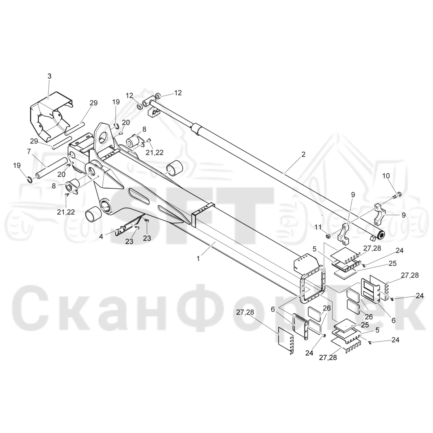 Схема: Komatsu / Форвардер / 895 / Каталог запасных частей / Подъемный кран / Стрела, наружная / Стрела, наружная 8,5м 