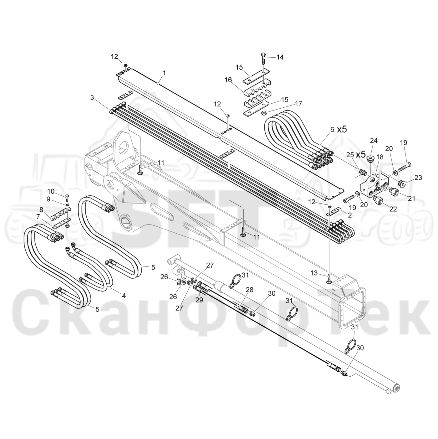 Схема: Komatsu / Форвардер / 895 / Каталог запасных частей / Подъемный кран / Трубы и шланги / Трубы и шланги  7,5m