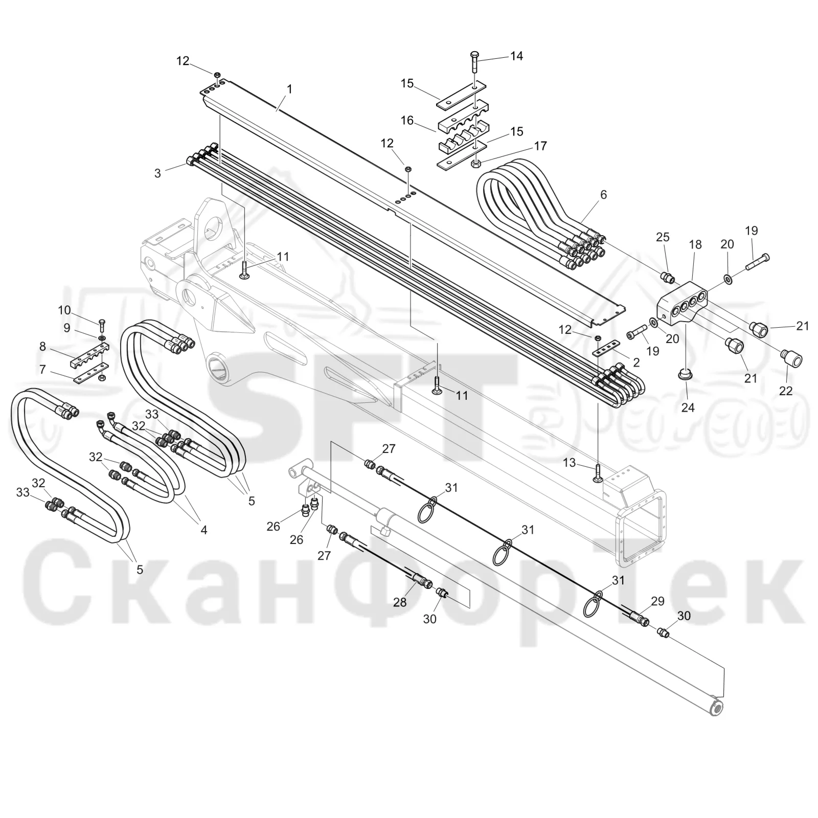 Схема: Komatsu / Форвардер / 895 / Каталог запасных частей / Подъемный кран / Трубы и шланги / Трубы и шланги 7,5m
